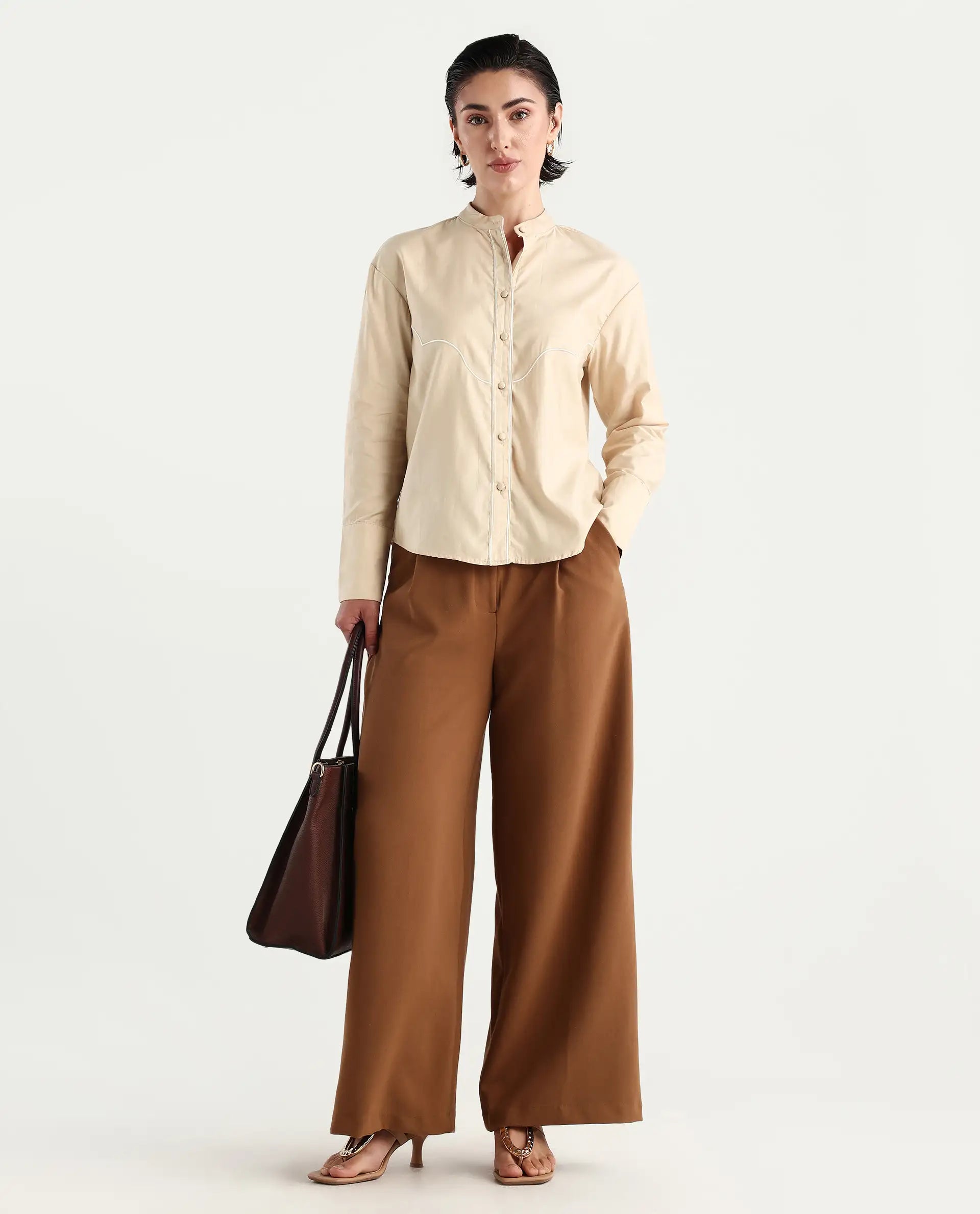 Rareism Women's Jujo Beige Cotton Blend Mandarin Collar Plain Cuffed Sleeve Regular Fit Shirt