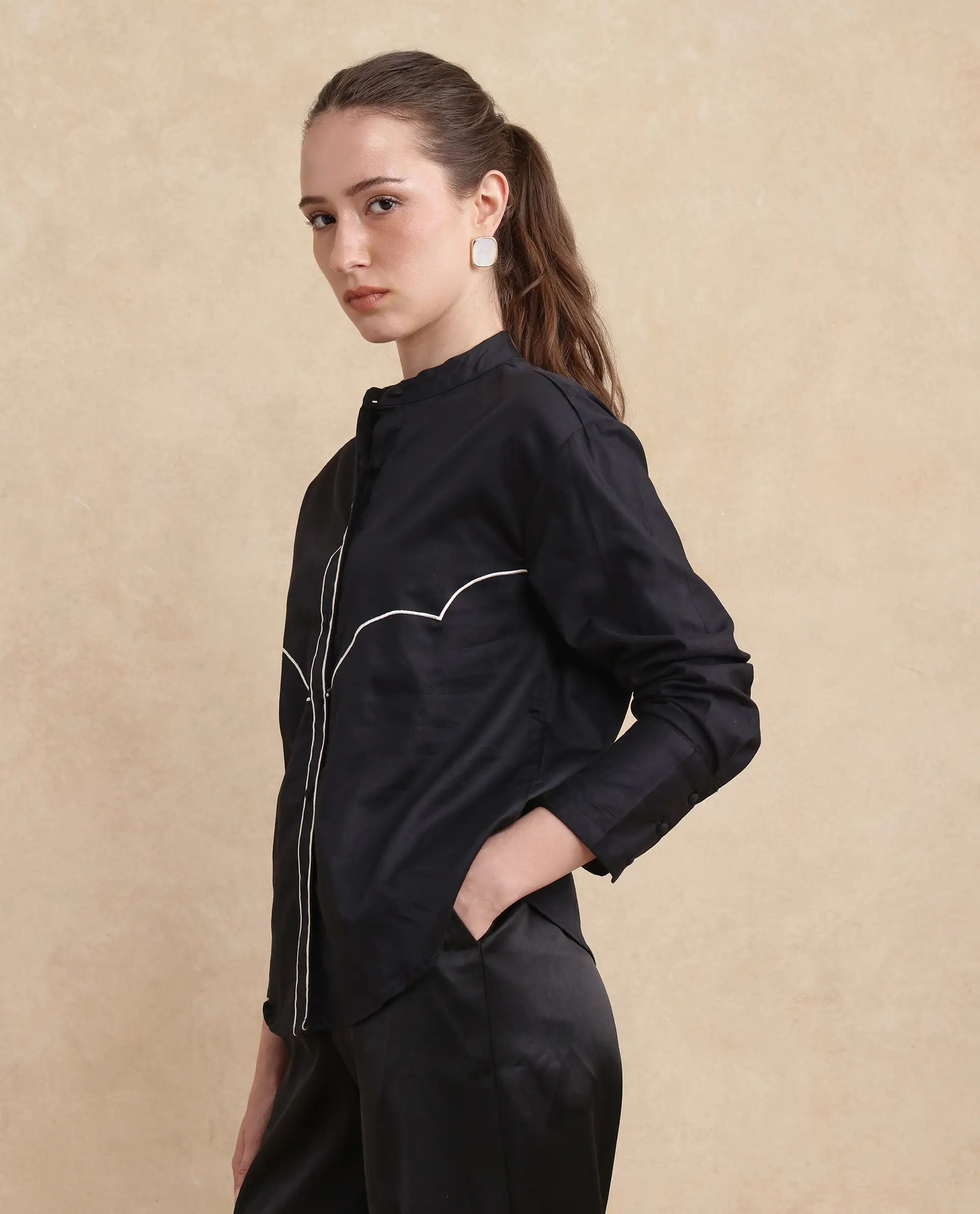 Rareism Women Jujo Dusky Black Cotton Satin Fabric Cuffed Sleeve Mandarin Collar Button Closure Plain Shirt