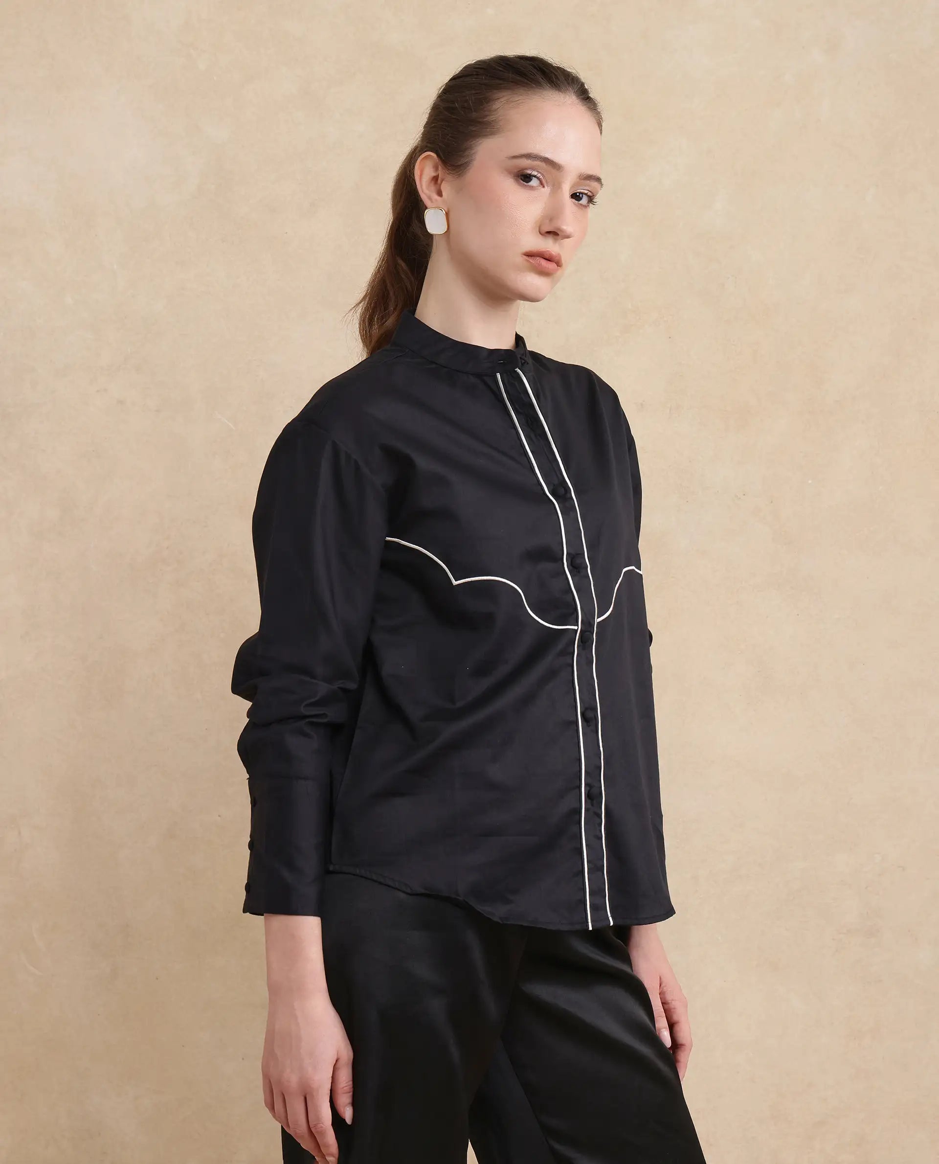 Rareism Women Jujo Dusky Black Cotton Satin Fabric Cuffed Sleeve Mandarin Collar Button Closure Plain Shirt