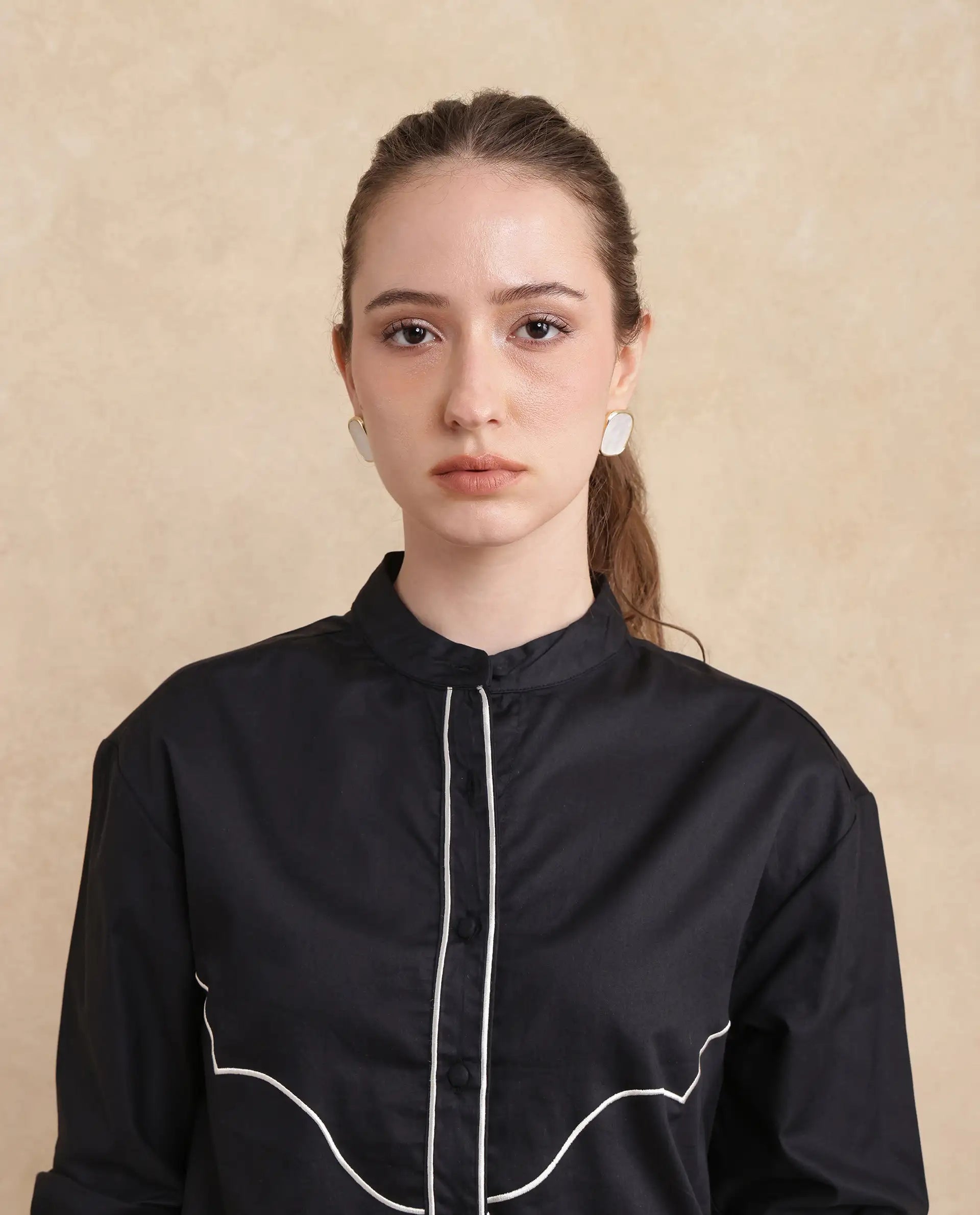 Rareism Women Jujo Dusky Black Cotton Satin Fabric Cuffed Sleeve Mandarin Collar Button Closure Plain Shirt