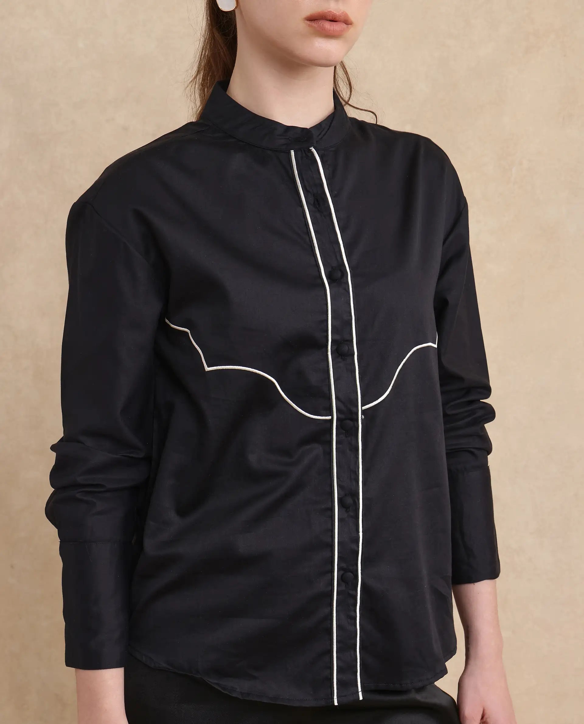 Rareism Women Jujo Dusky Black Cotton Satin Fabric Cuffed Sleeve Mandarin Collar Button Closure Plain Shirt