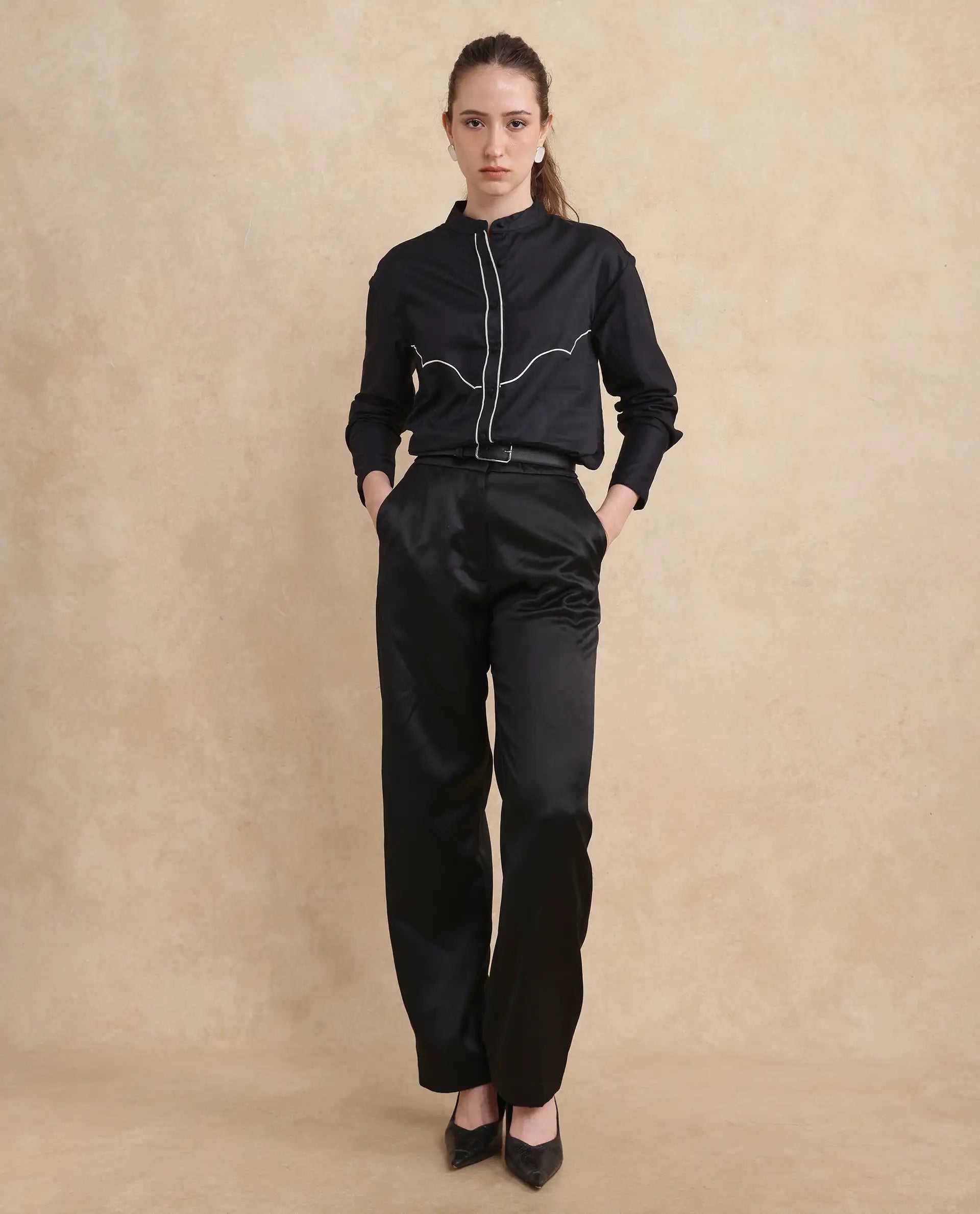 Rareism Women Jujo Dusky Black Cotton Satin Fabric Cuffed Sleeve Mandarin Collar Button Closure Plain Shirt