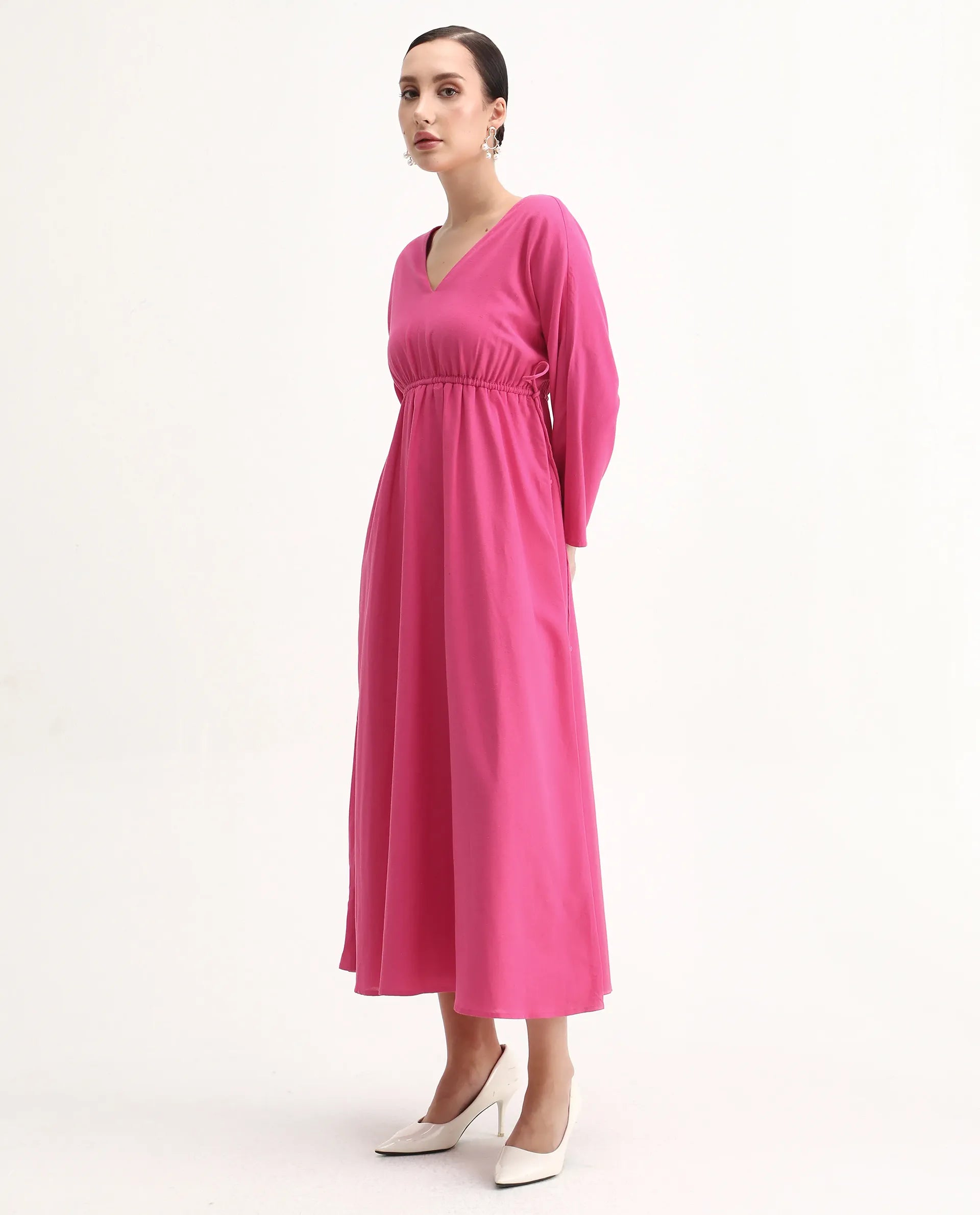 Rareism Women's Julan Pink Viscose Blend Kimono Sleeve V-Neck Fit And Flare Fit Plain Dress