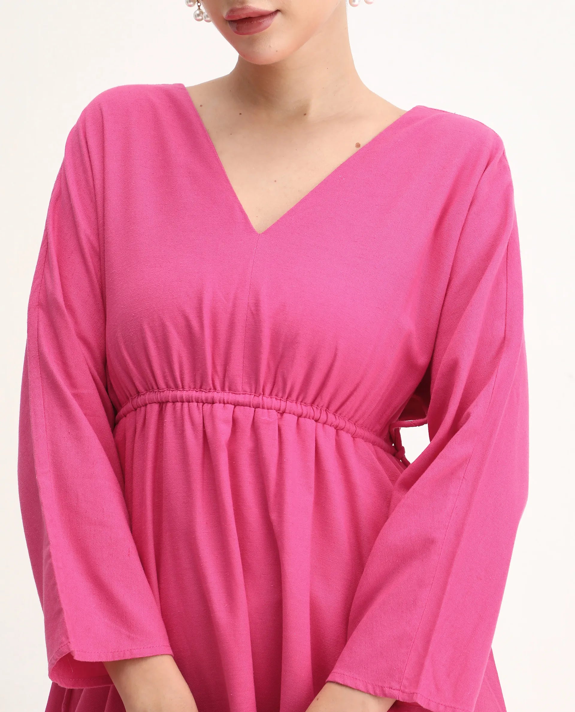 Rareism Women's Julan Pink Viscose Blend Kimono Sleeve V-Neck Fit And Flare Fit Plain Dress