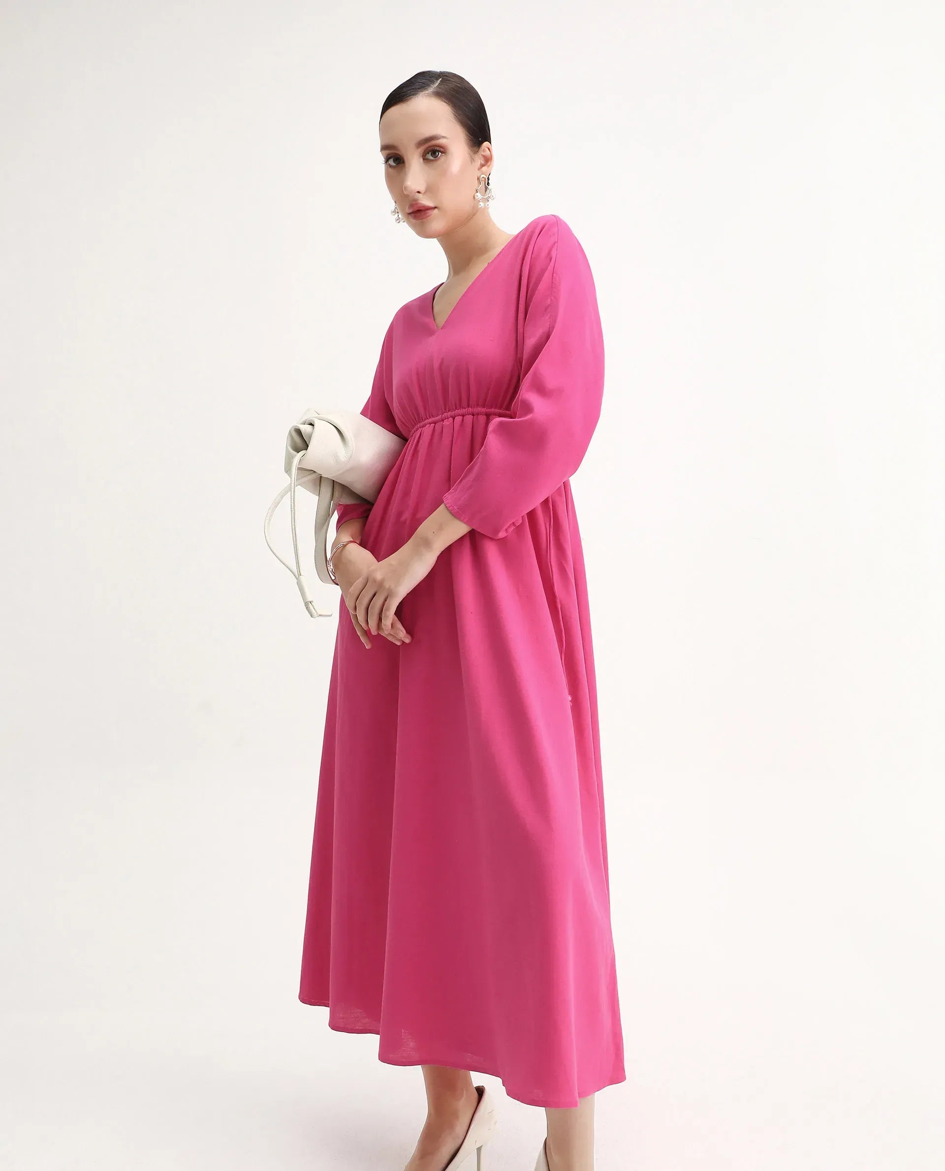 Rareism Women's Julan Pink Viscose Blend Kimono Sleeve V-Neck Fit And Flare Fit Plain Dress