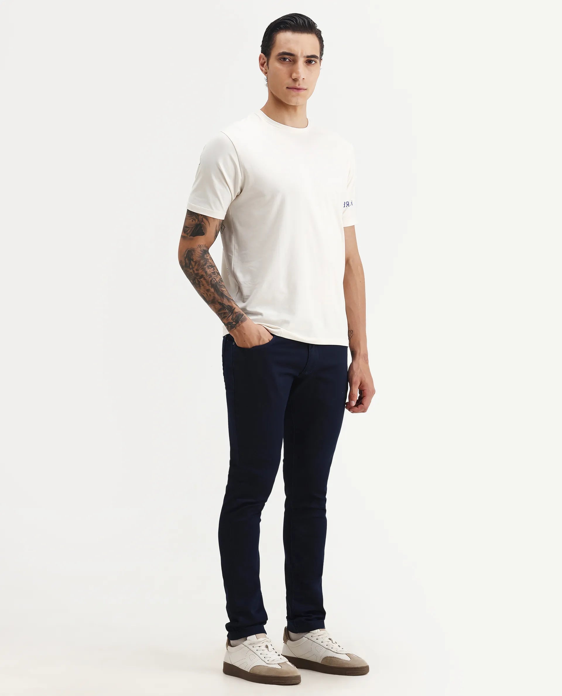 Rare Rabbit Men's Jules Blue Cotton Blend Plain Hawk Slim Fit Jeans
