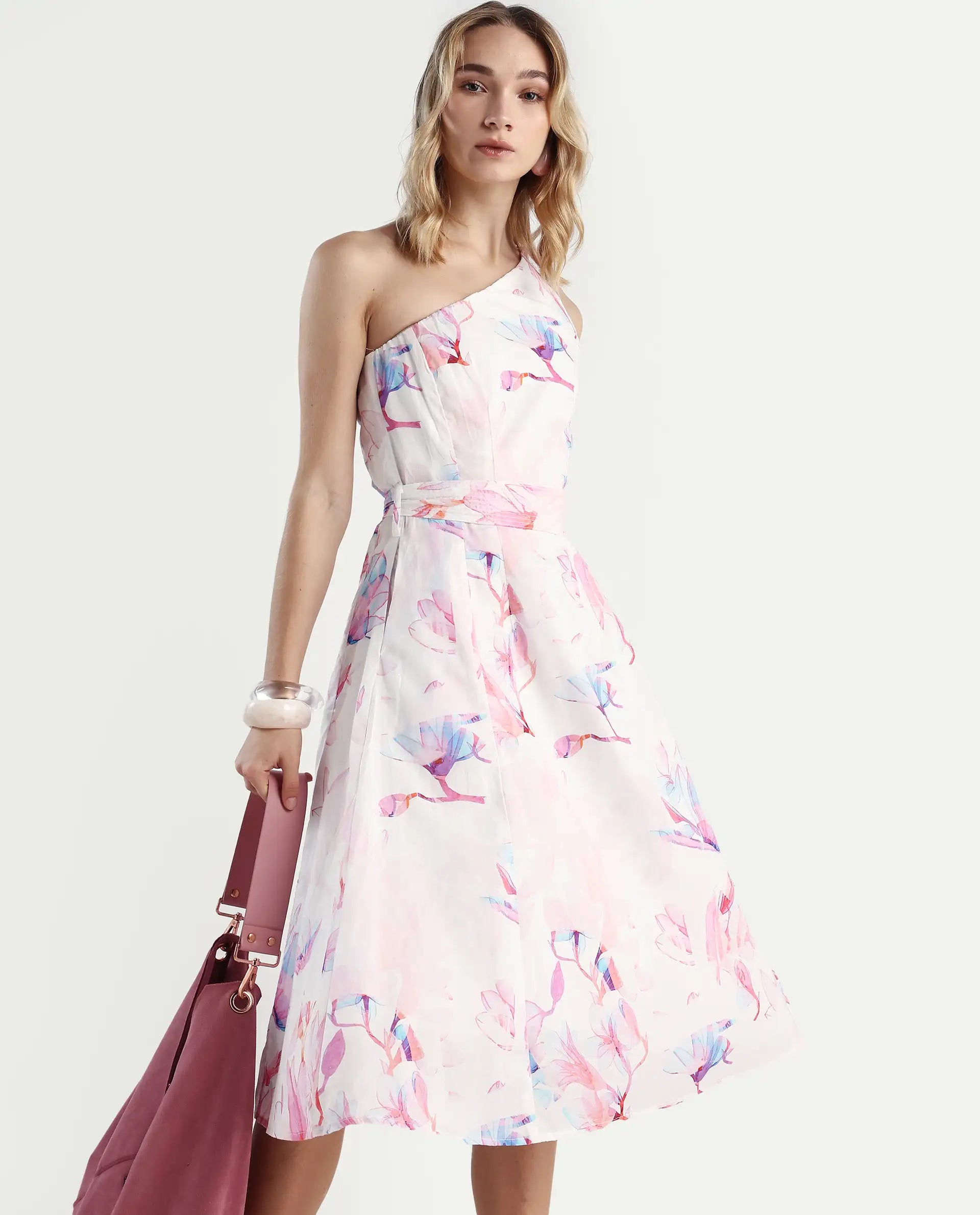 Rareism Women's Juliun Multi Cotton One Shoulder Floral Print One Shoulder Midi Fit And Flare Dress