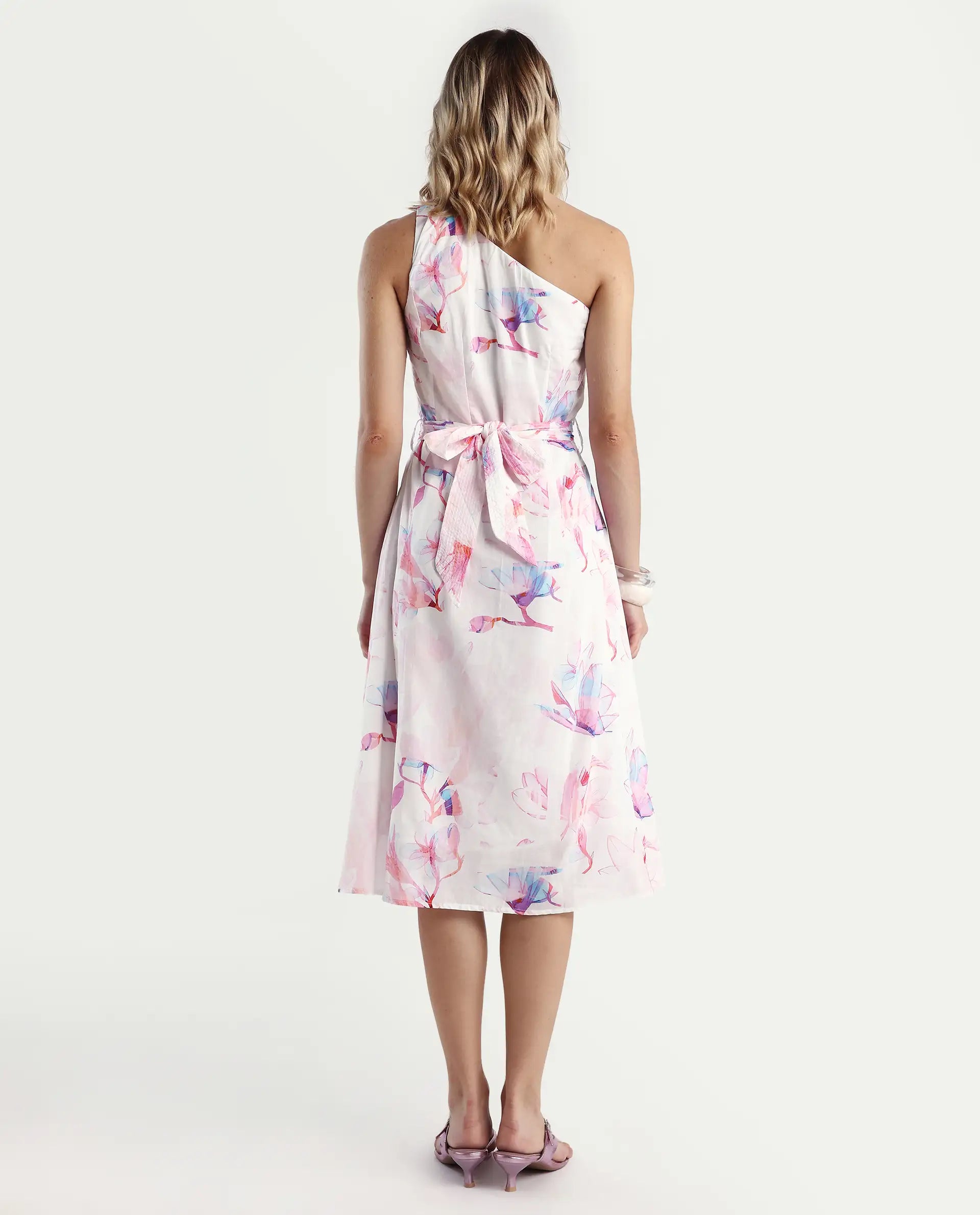 Rareism Women's Juliun Multi Cotton One Shoulder Floral Print One Shoulder Midi Fit And Flare Dress