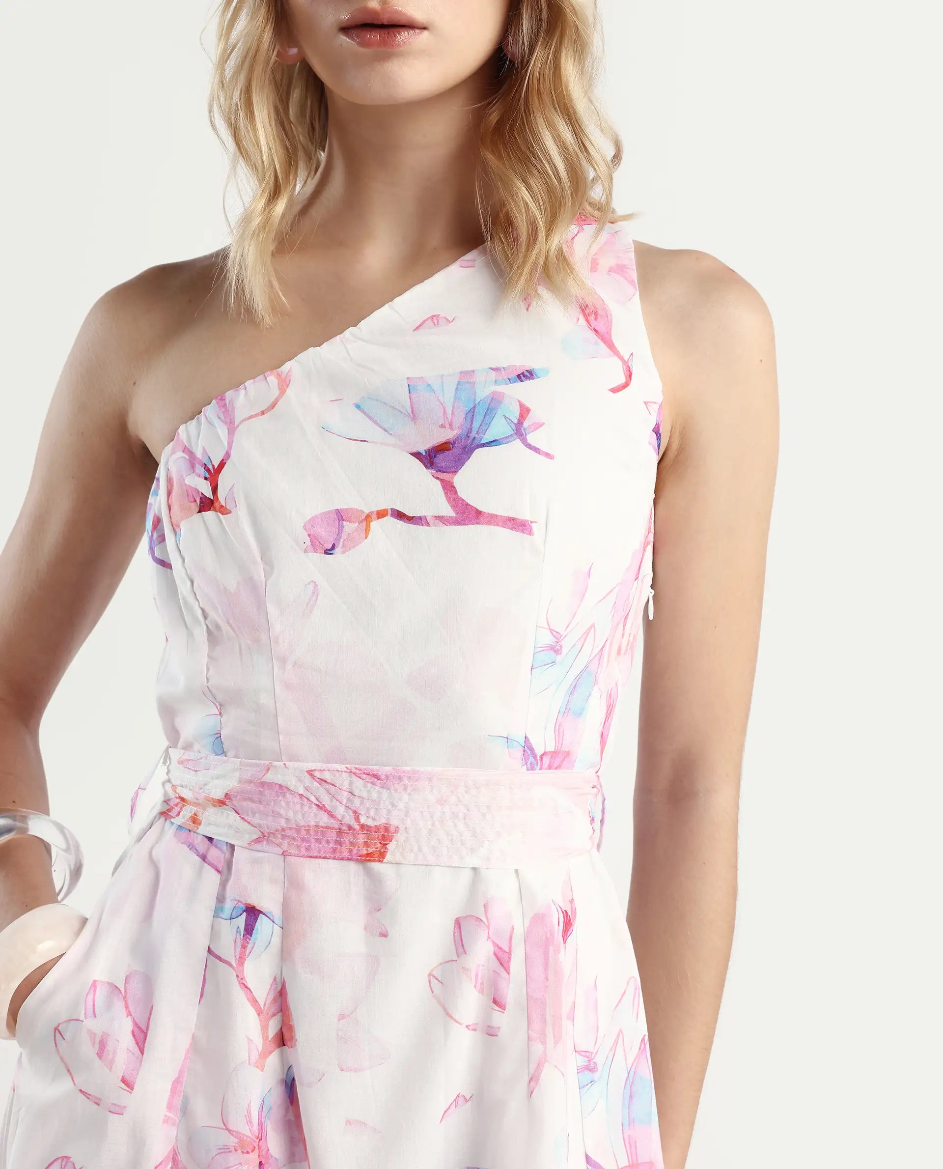 Rareism Women's Juliun Multi Cotton One Shoulder Floral Print One Shoulder Midi Fit And Flare Dress