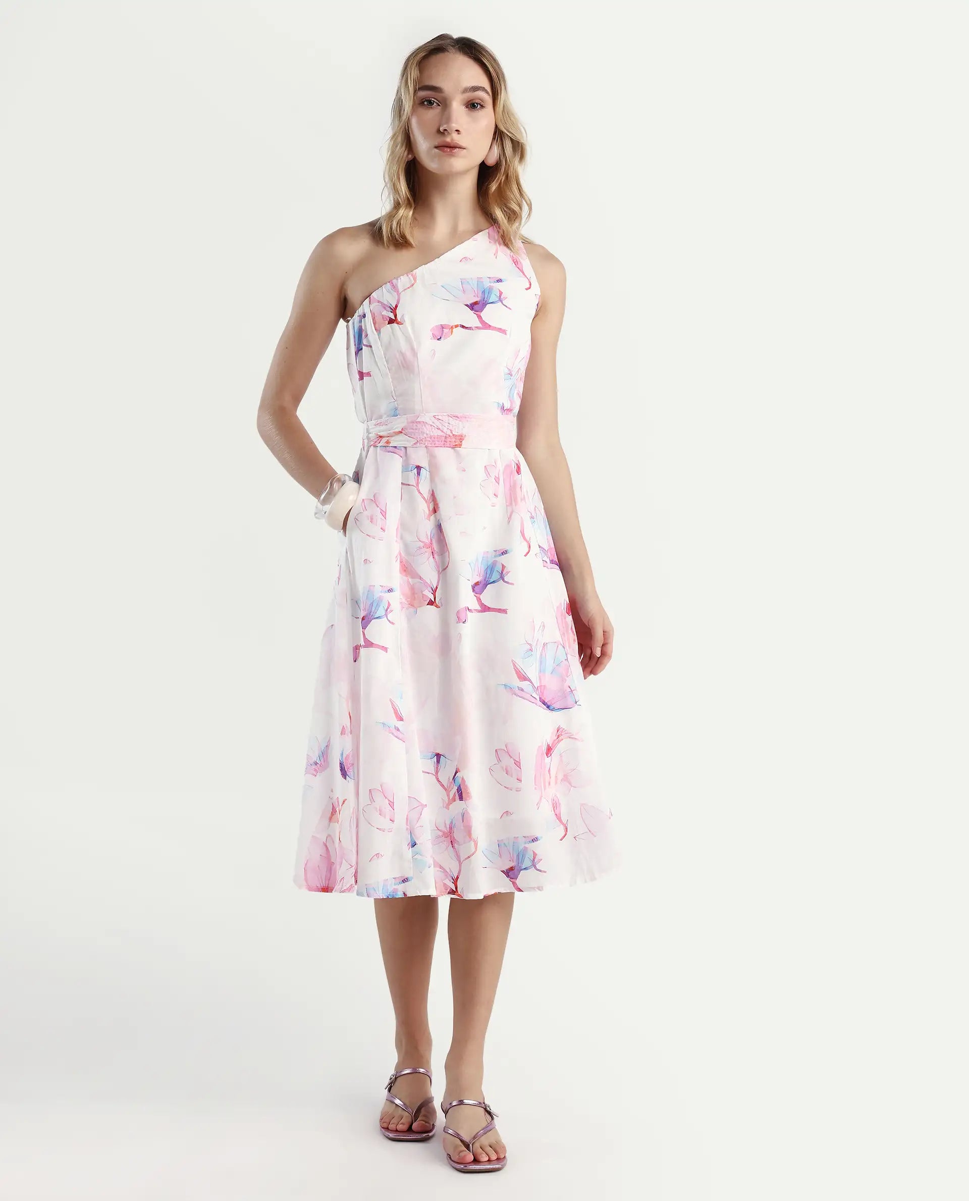 Rareism Women's Juliun Multi Cotton One Shoulder Floral Print One Shoulder Midi Fit And Flare Dress
