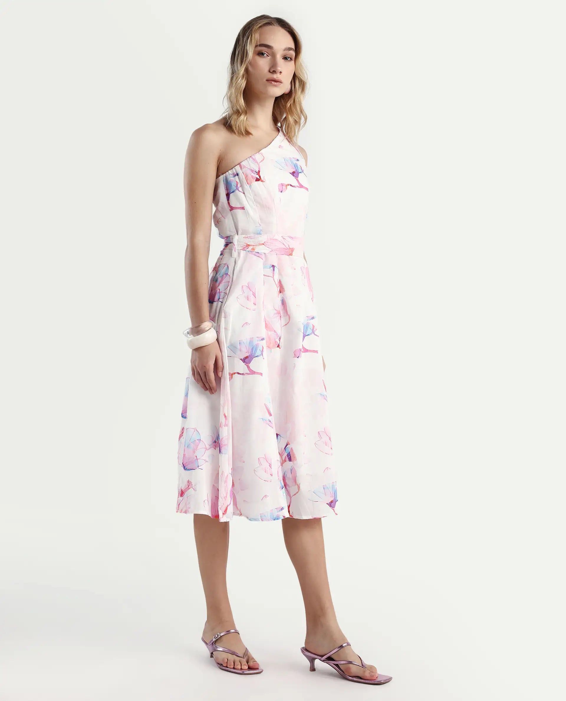 Rareism Women's Juliun Multi Cotton One Shoulder Floral Print One Shoulder Midi Fit And Flare Dress