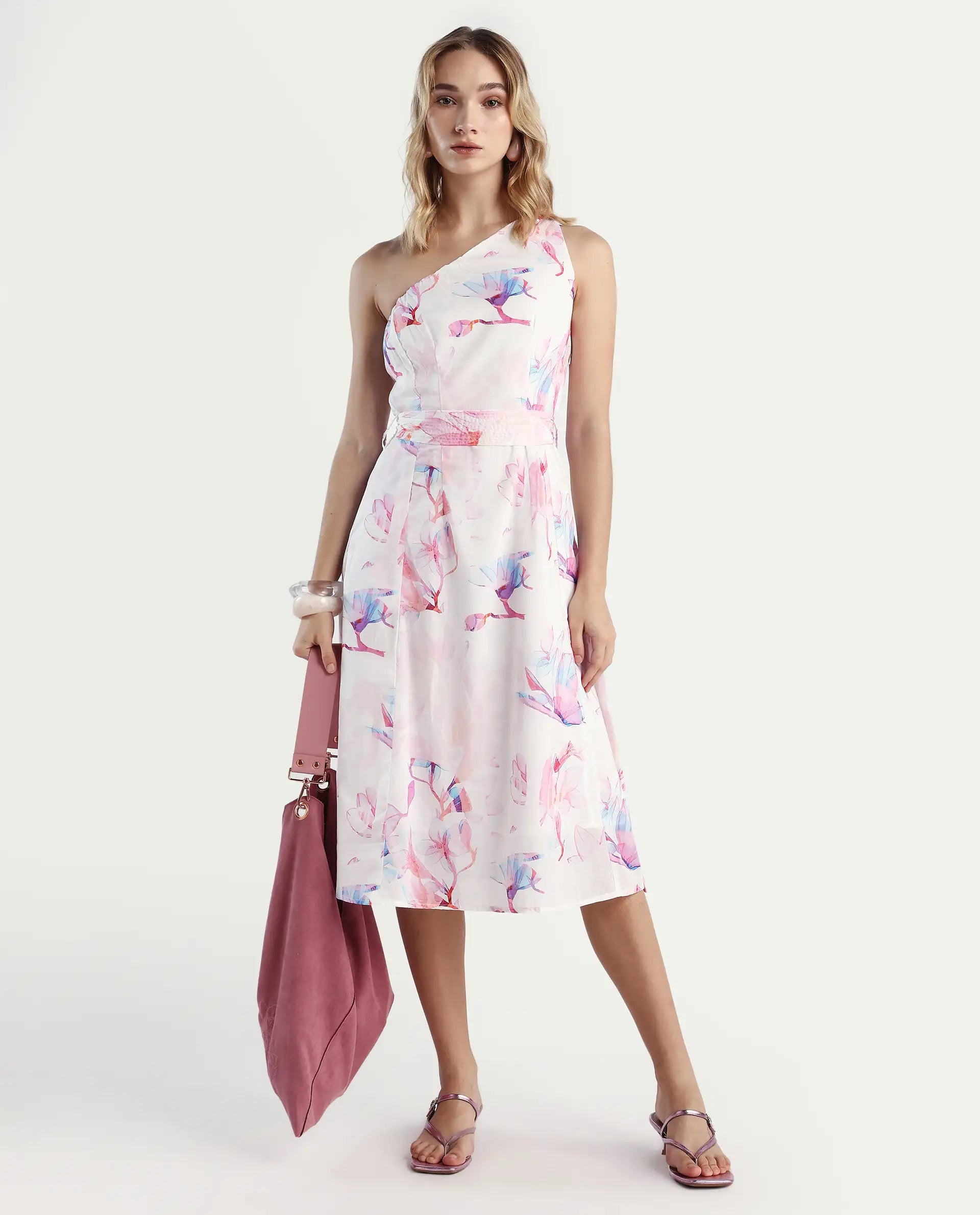 Rareism Women's Juliun Multi Cotton One Shoulder Floral Print One Shoulder Midi Fit And Flare Dress