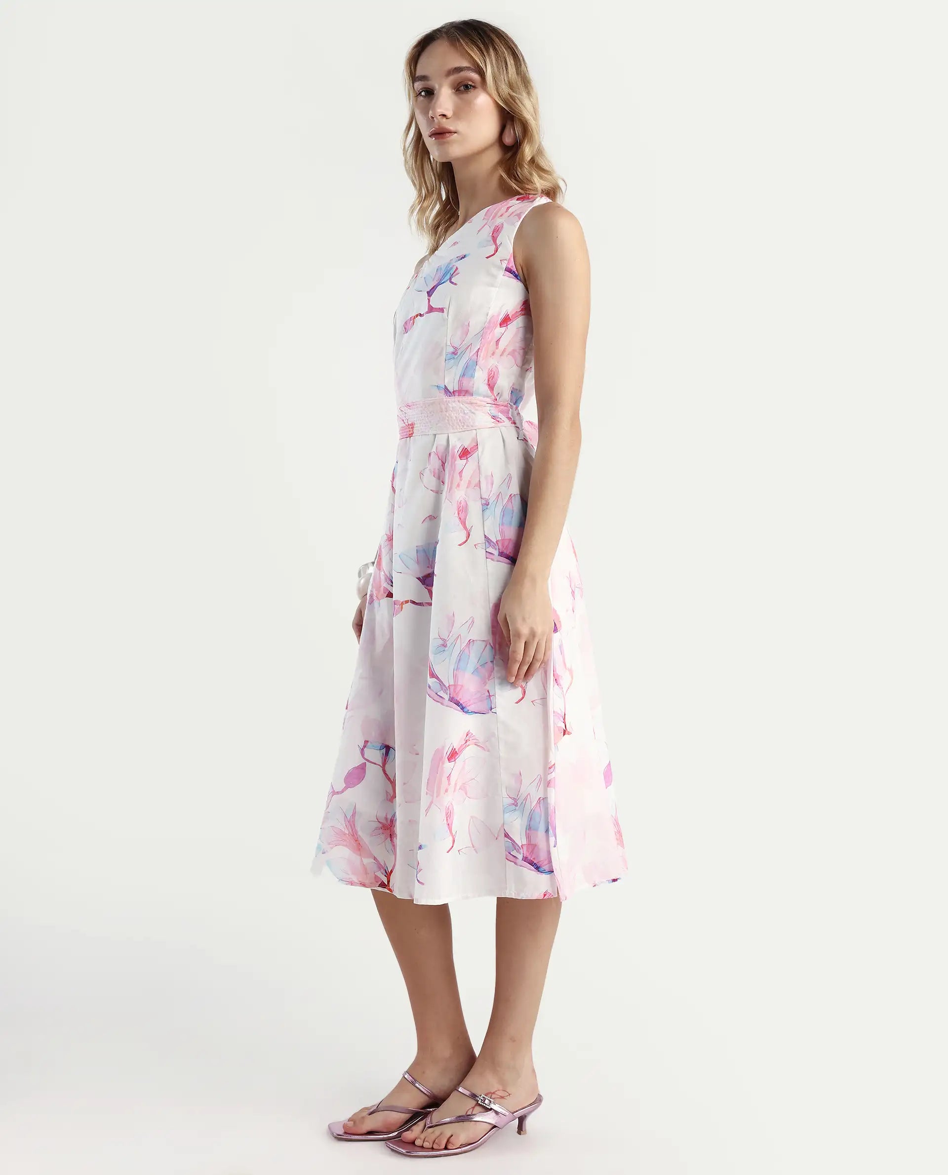 Rareism Women's Juliun Multi Cotton One Shoulder Floral Print One Shoulder Midi Fit And Flare Dress