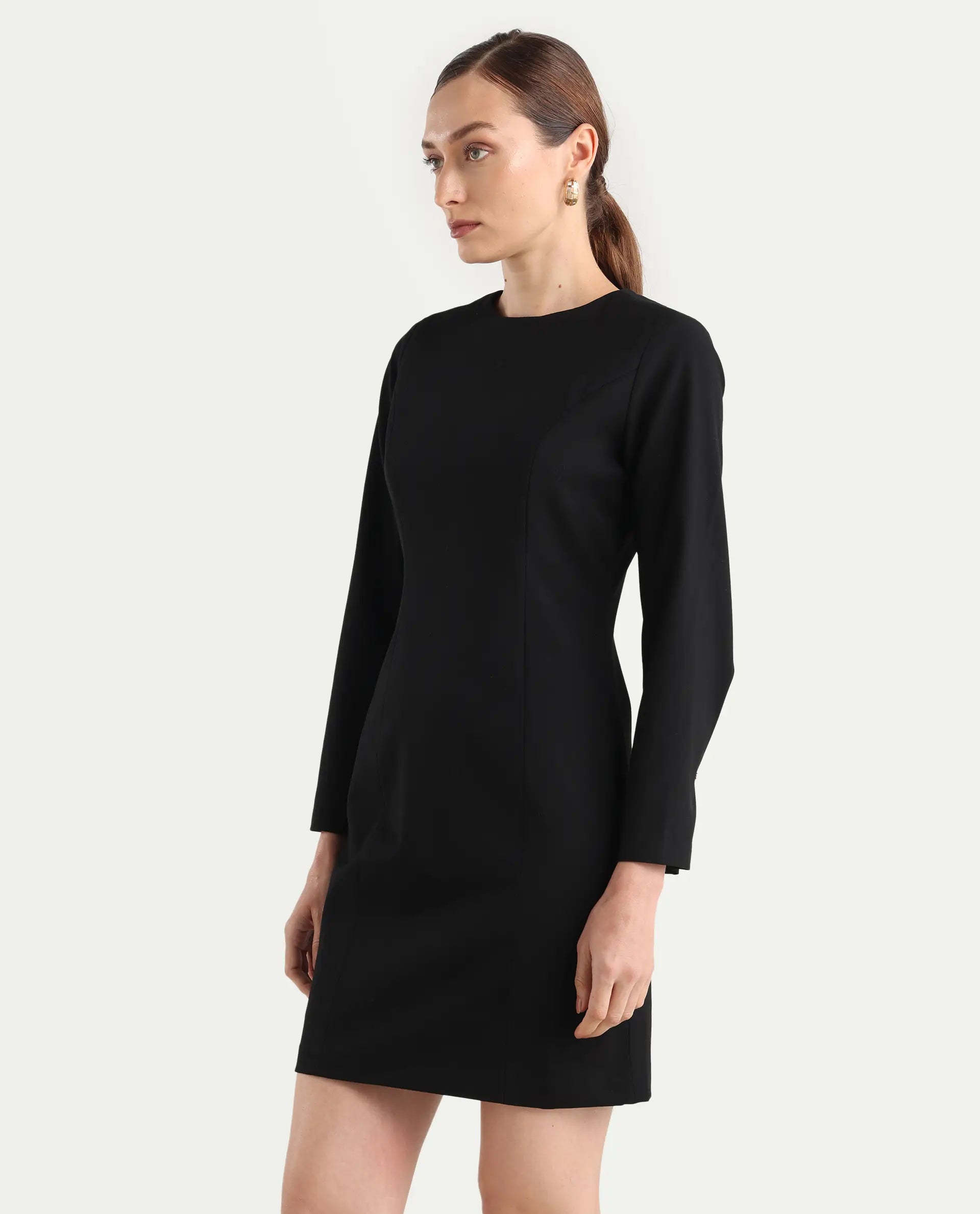 Rareism Women Juna Black Poly Viscose Solid Fitted Dress