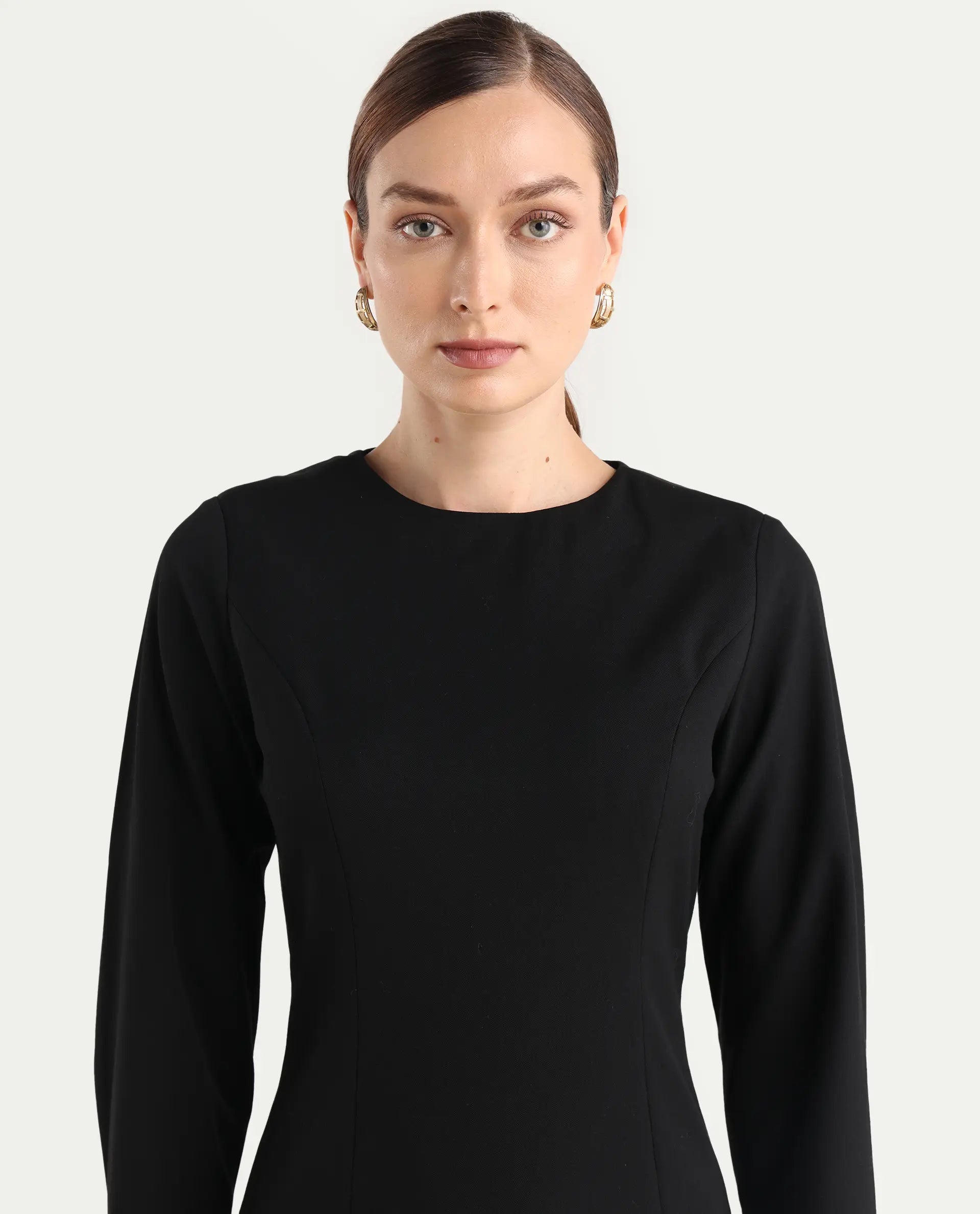 Rareism Women Juna Black Poly Viscose Solid Fitted Dress