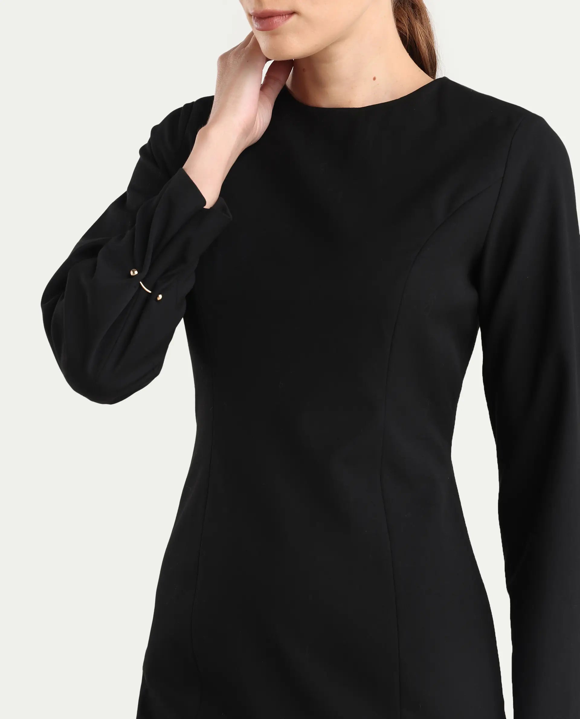 Rareism Women Juna Black Poly Viscose Solid Fitted Dress