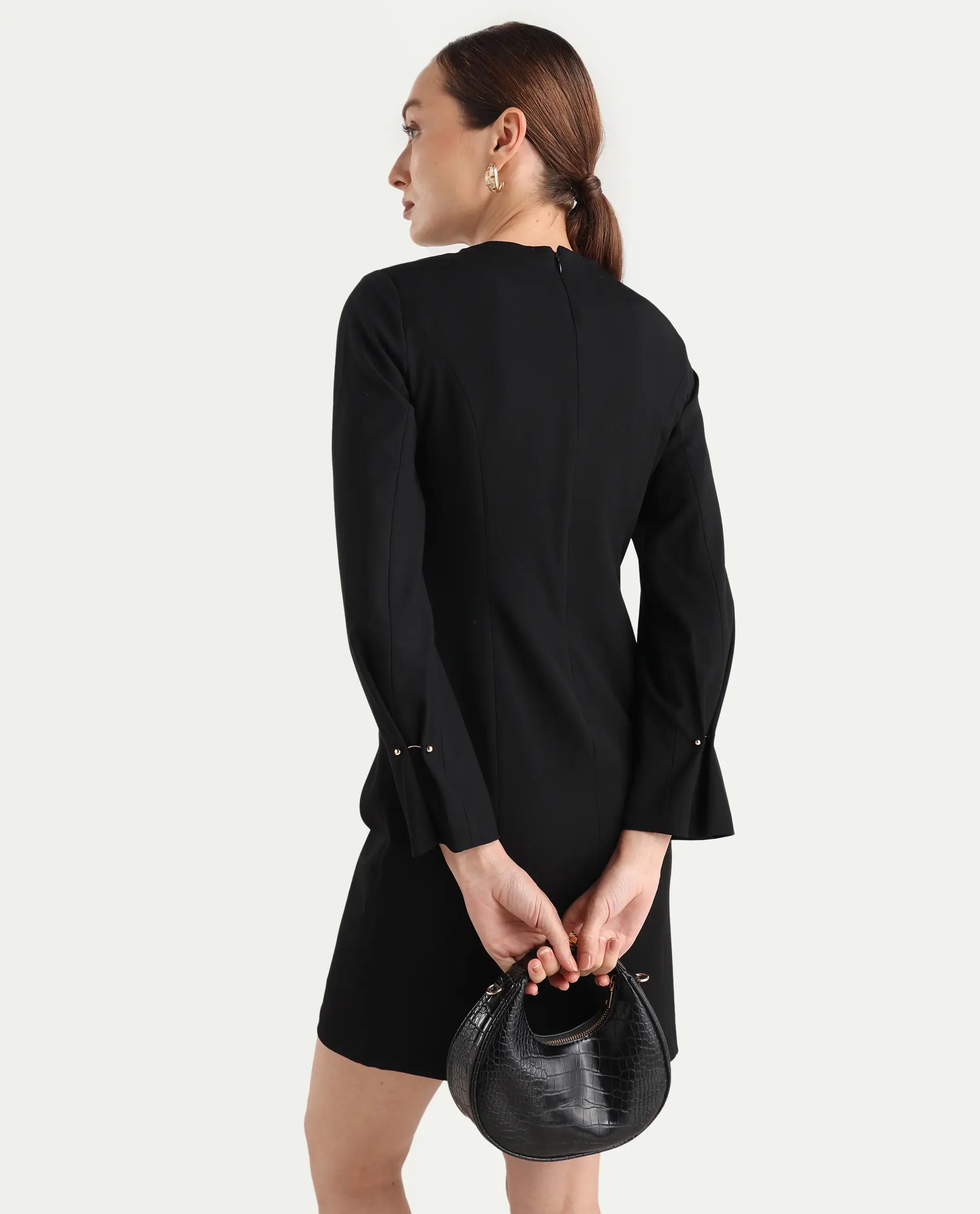 Rareism Women Juna Black Poly Viscose Solid Fitted Dress