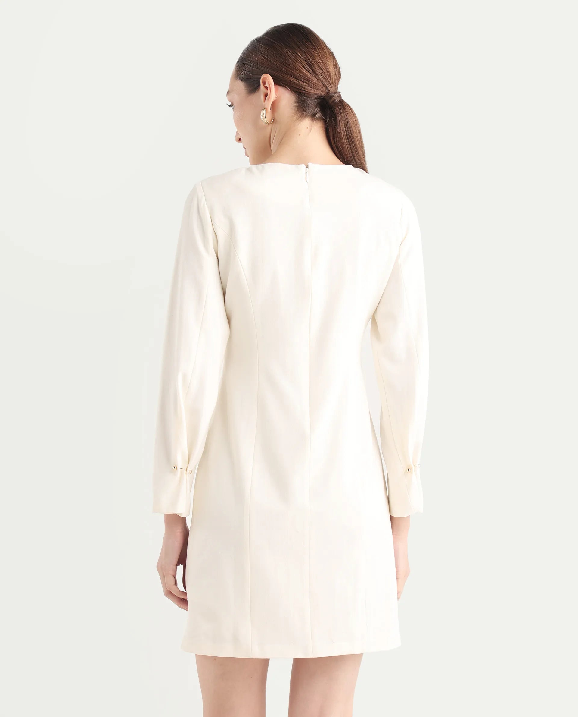 Rareism Women's Juna Off White Polyester Blend Full Sleeve Crew Neck Fitted Dress