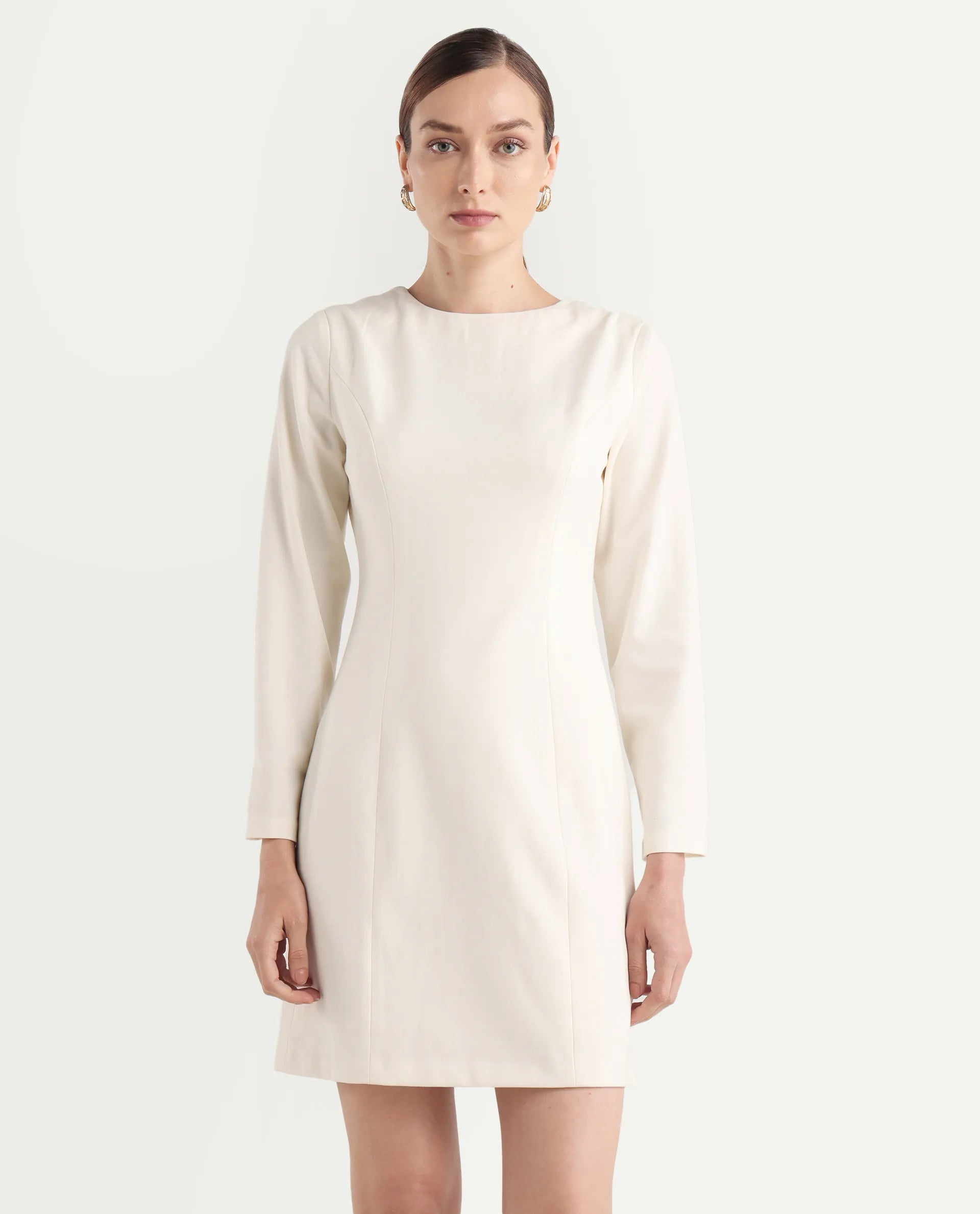 Rareism Women's Juna Off White Polyester Blend Full Sleeve Crew Neck Fitted Dress