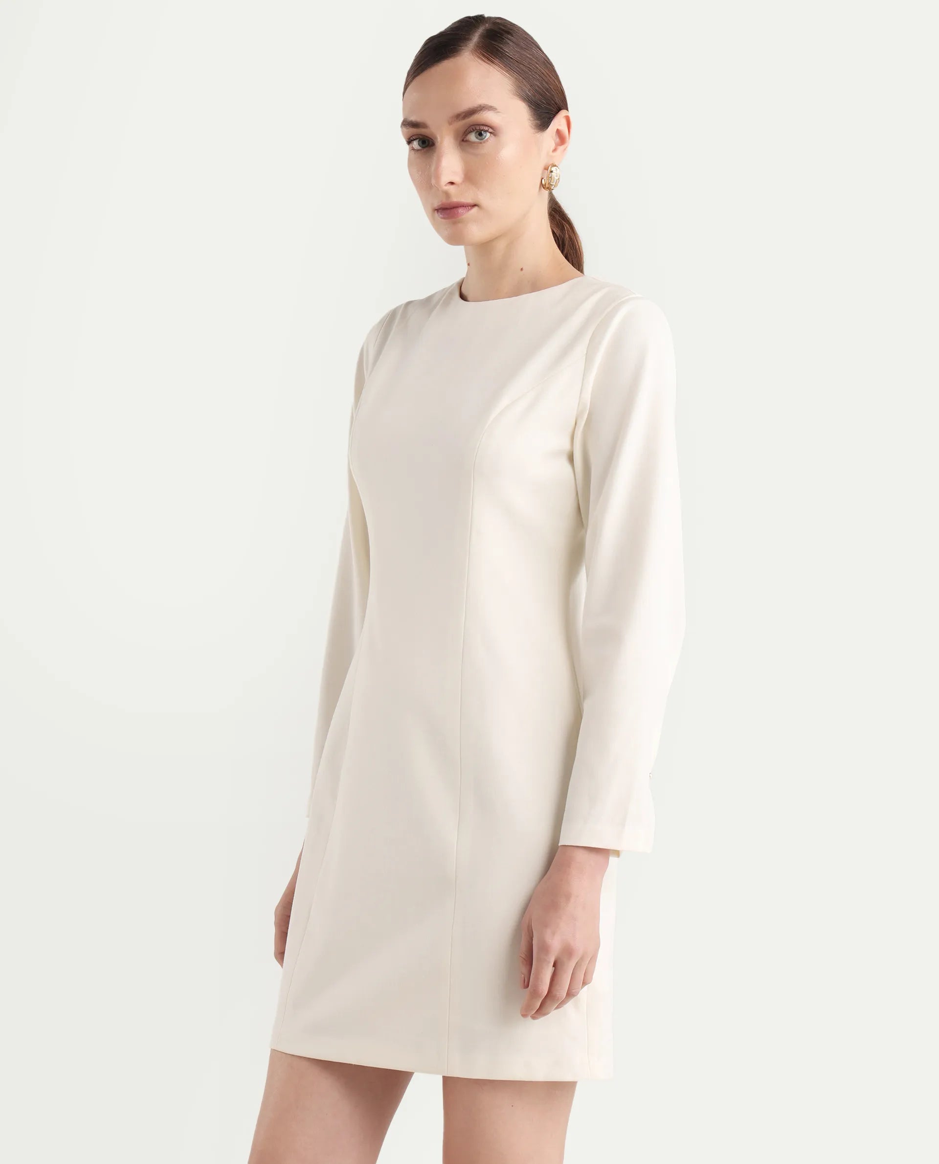 Rareism Women's Juna Off White Polyester Blend Full Sleeve Crew Neck Fitted Dress