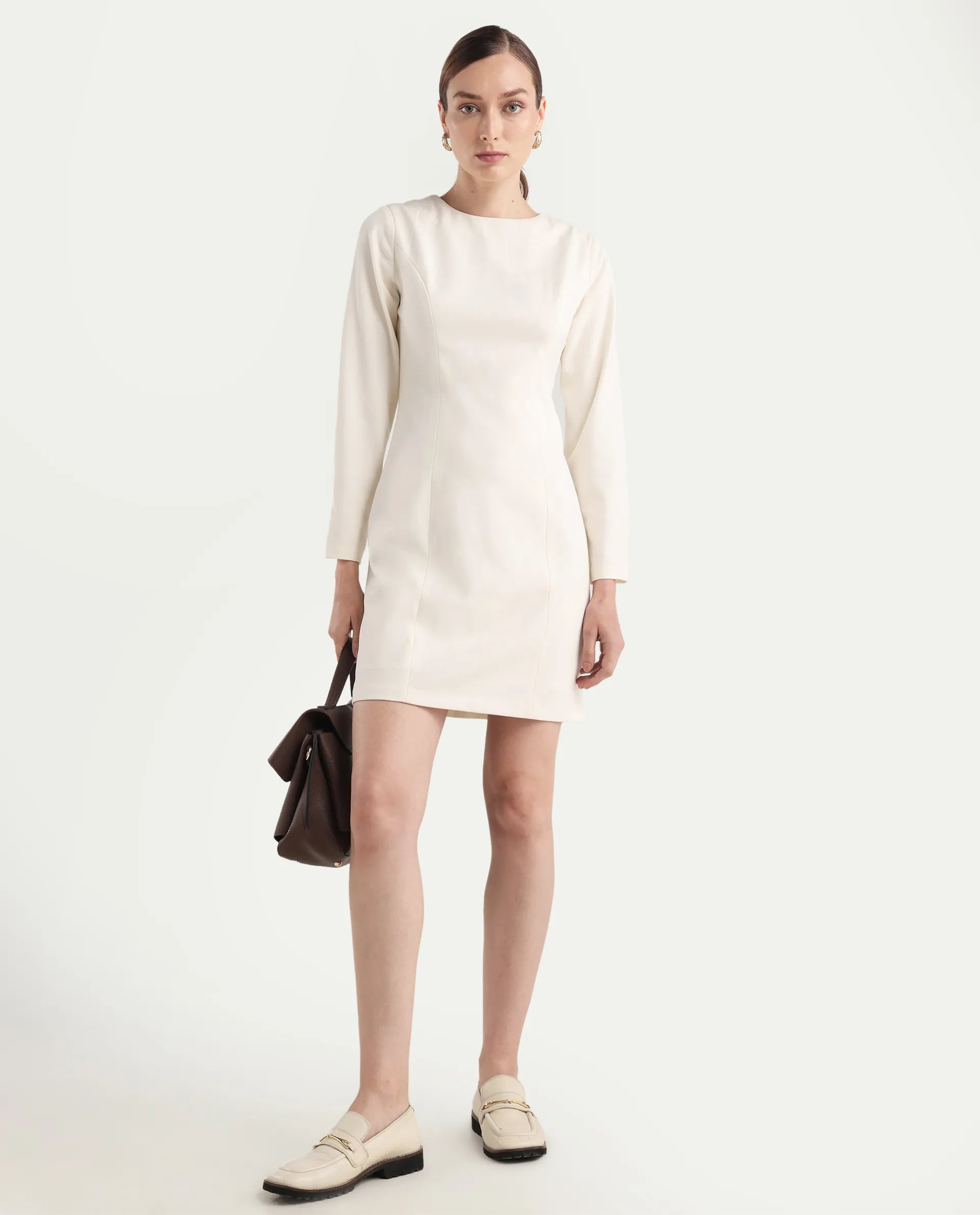 Rareism Women's Juna Off White Polyester Blend Full Sleeve Crew Neck Fitted Dress