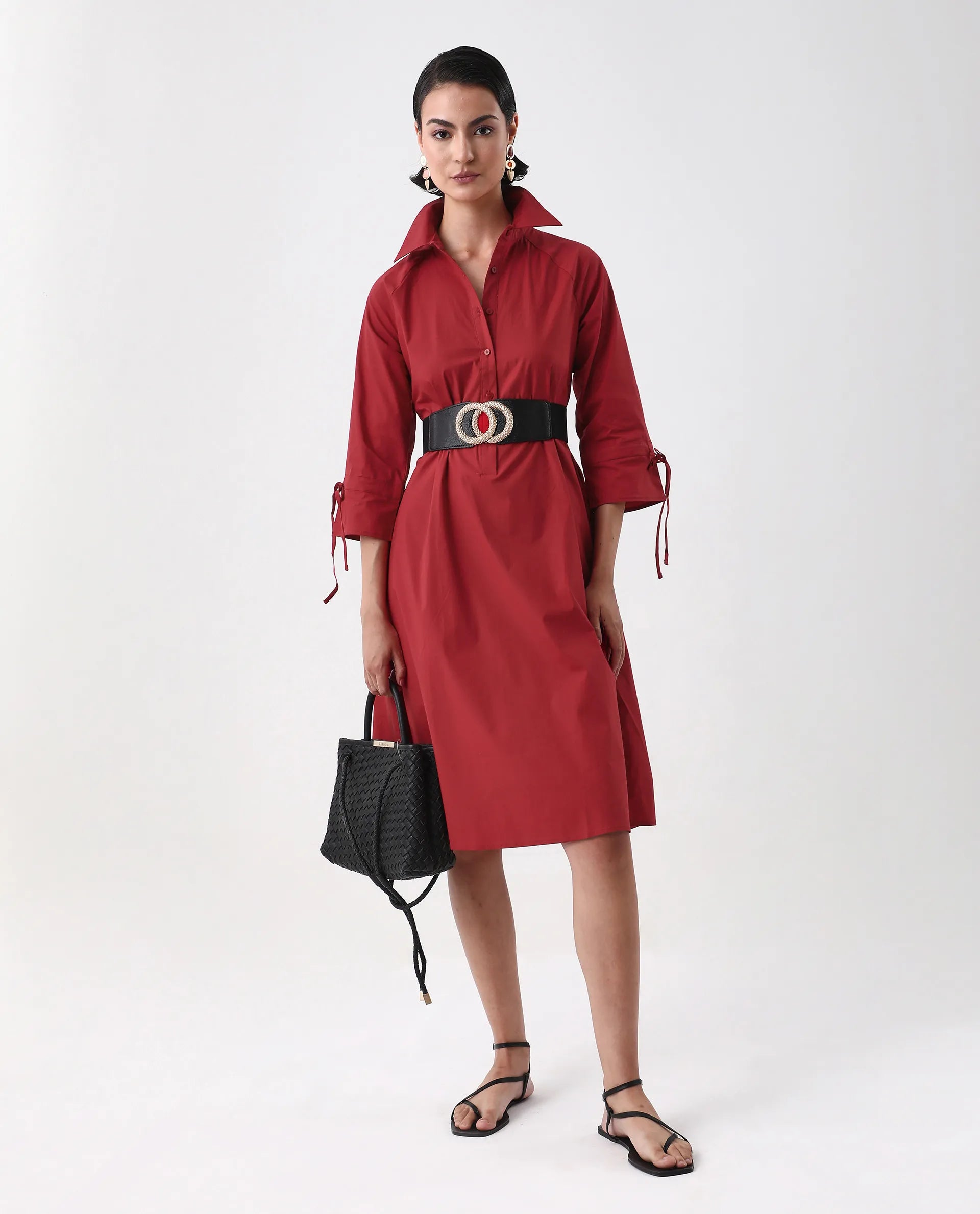 Rareism Women's Junb Dark Rust Cotton Blend Drop Collar Plain Raglan Sleeve Knee Length A-Line Dress