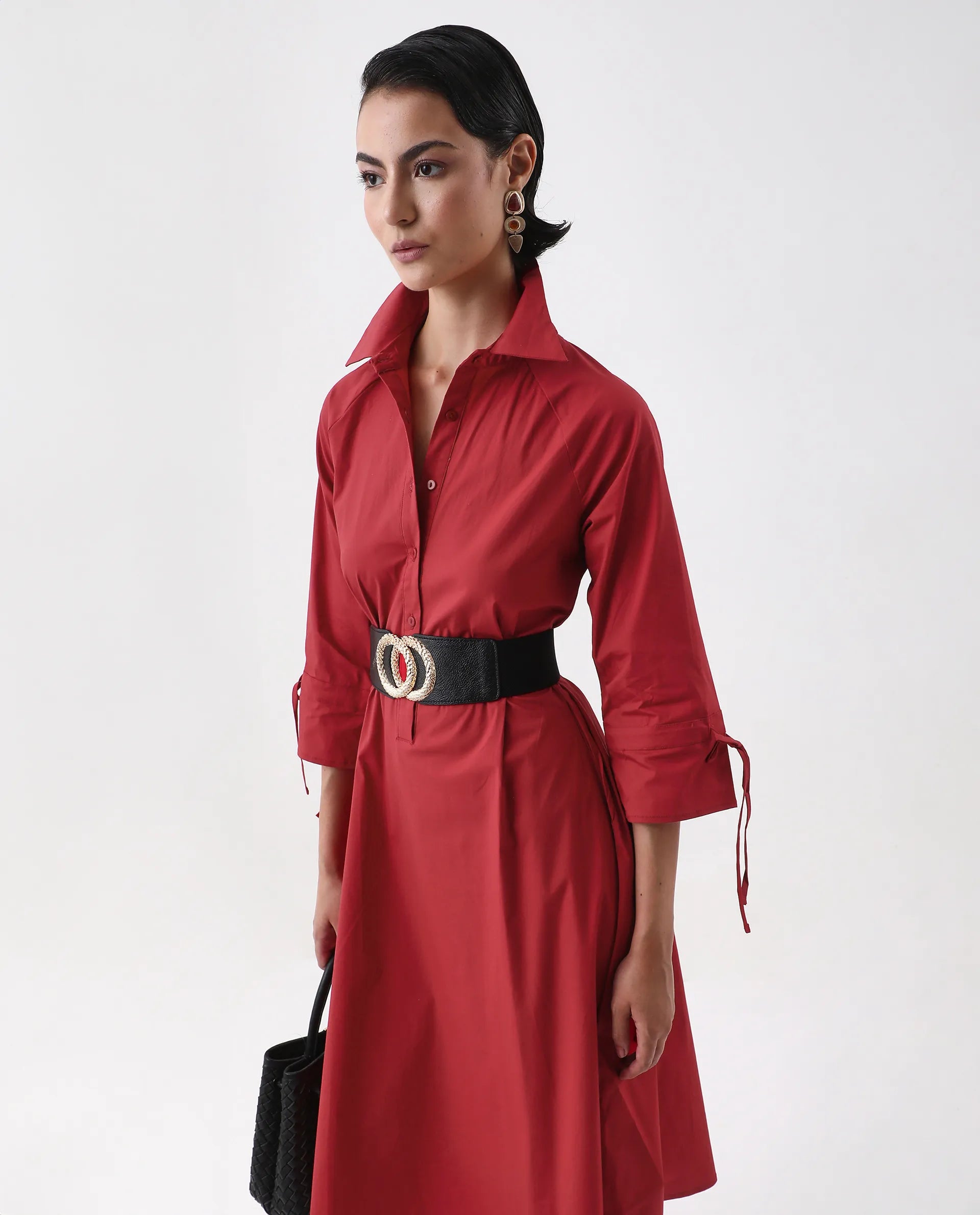 Rareism Women's Junb Dark Rust Cotton Blend Drop Collar Plain Raglan Sleeve Knee Length A-Line Dress