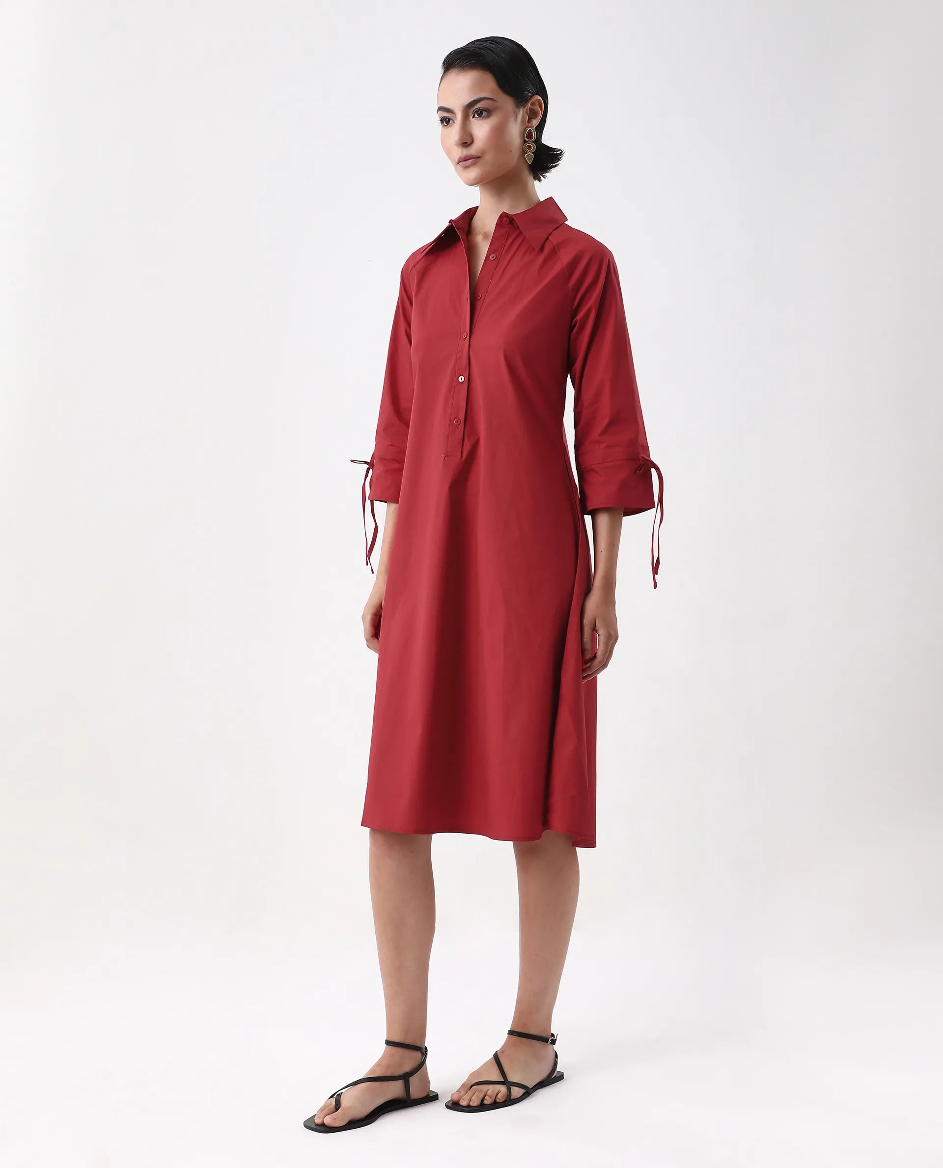 Rareism Women's Junb Dark Rust Cotton Blend Drop Collar Plain Raglan Sleeve Knee Length A-Line Dress