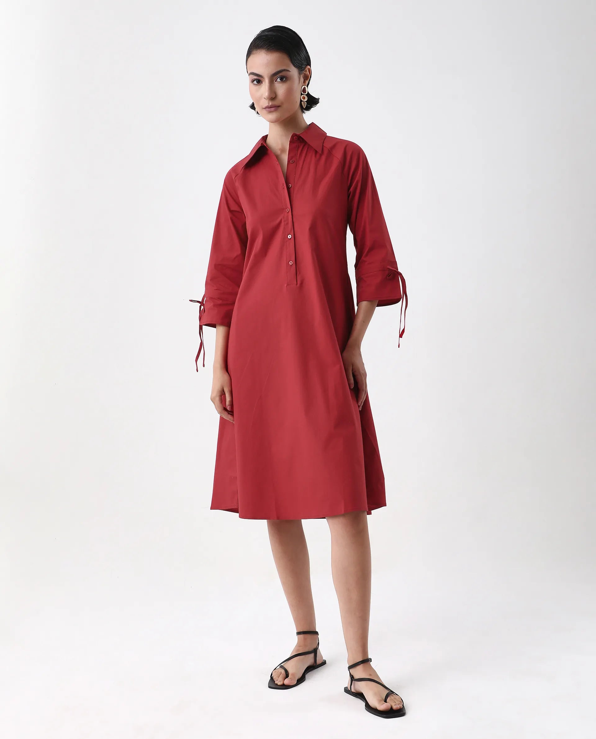 Rareism Women's Junb Dark Rust Cotton Blend Drop Collar Plain Raglan Sleeve Knee Length A-Line Dress