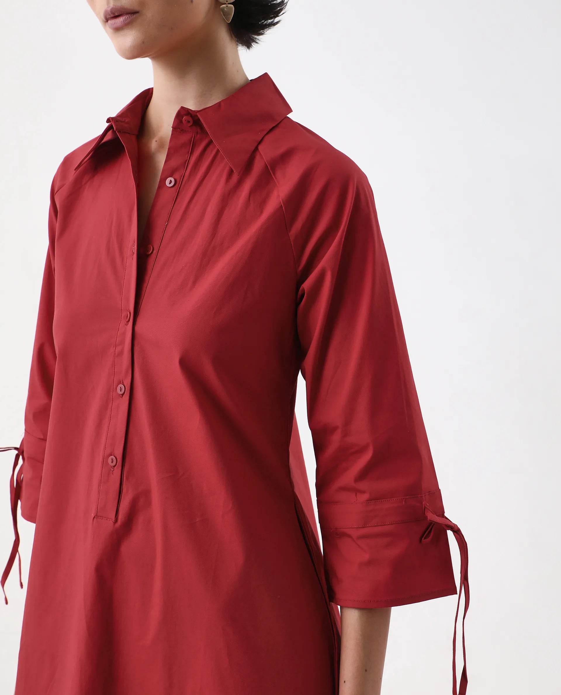 Rareism Women's Junb Dark Rust Cotton Blend Drop Collar Plain Raglan Sleeve Knee Length A-Line Dress