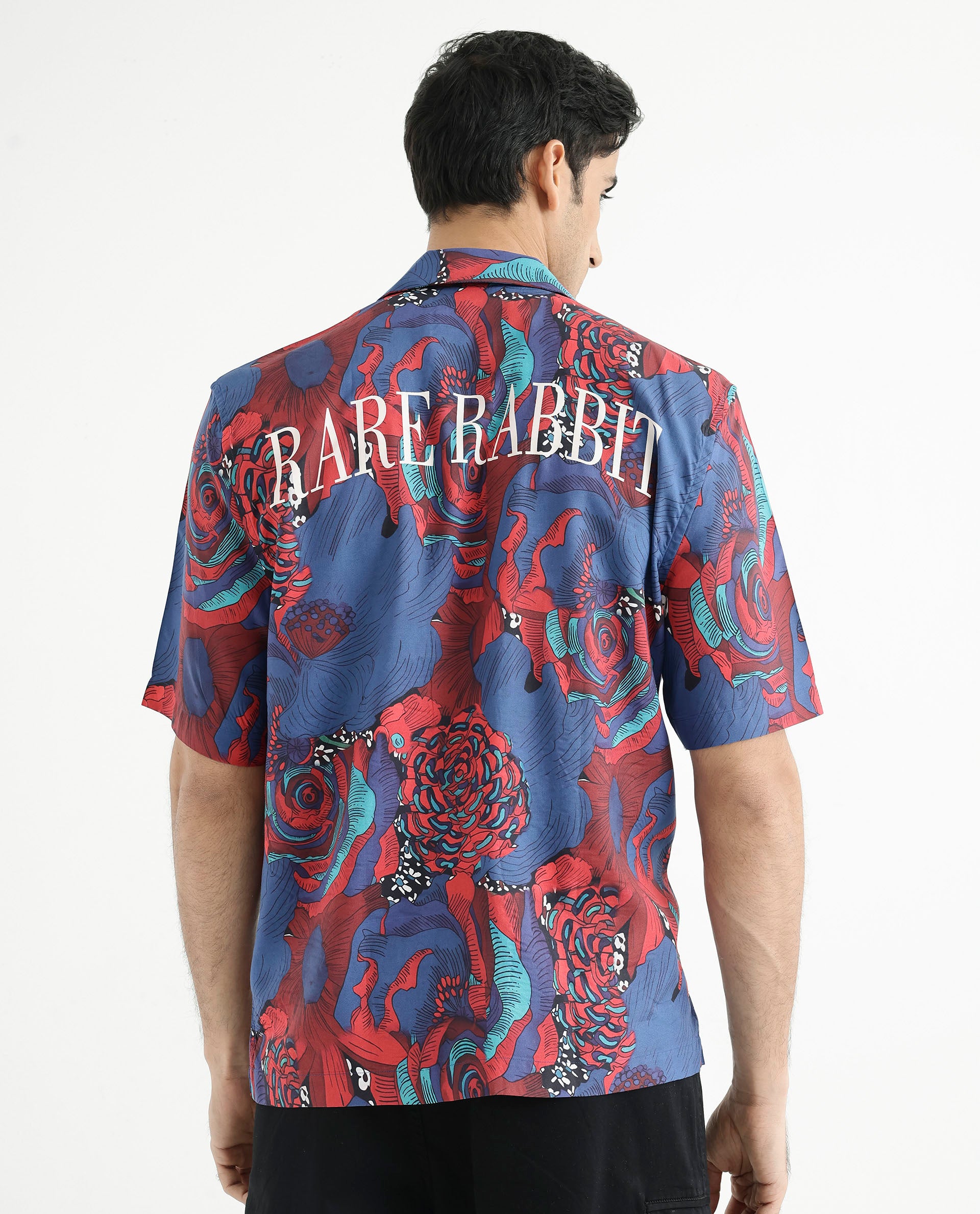 Rare Rabbit Men's Junee Blue Viscose Fabric Short Sleeve Cuban Collar Boxy Fit Floral Print Shirt