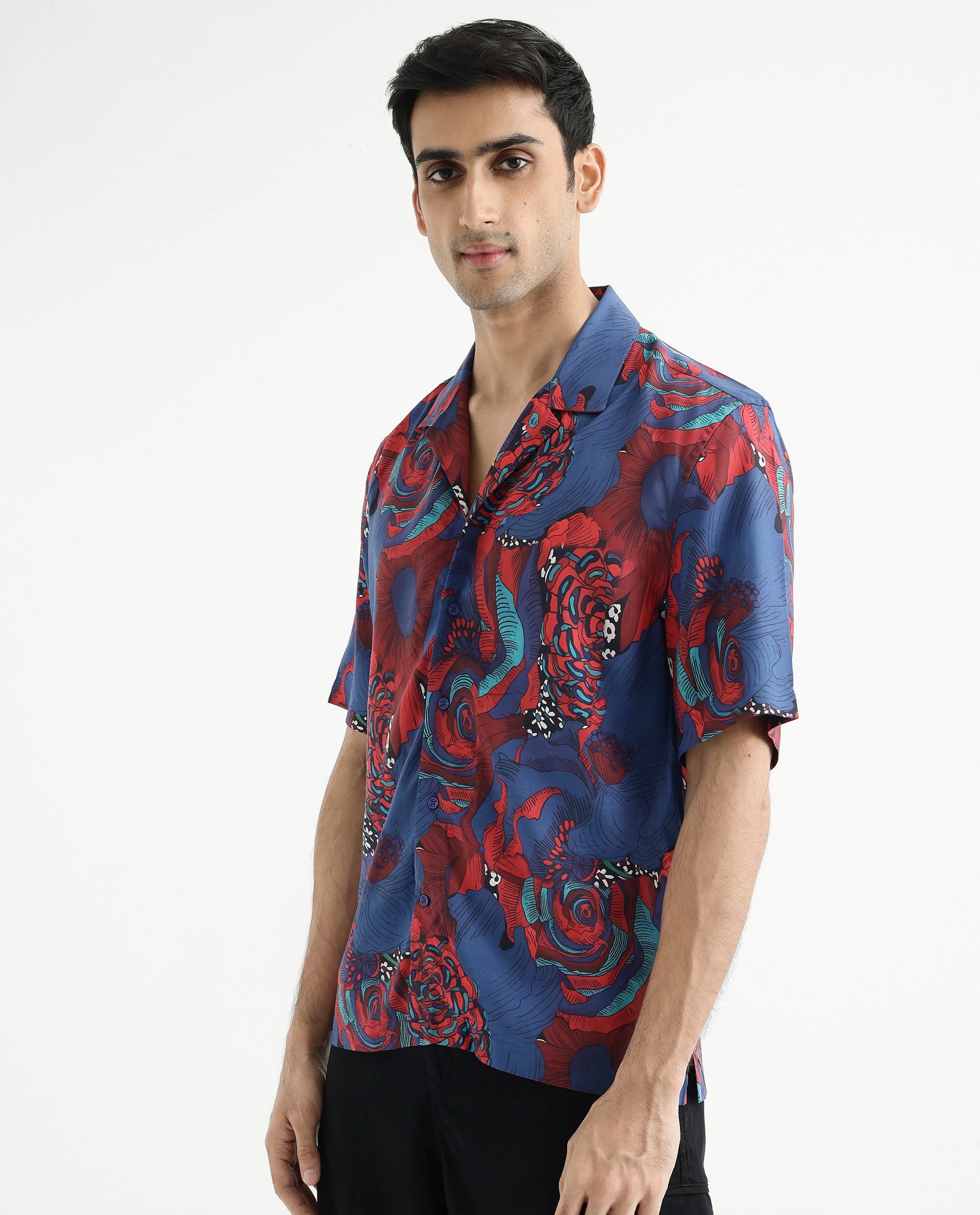 Rare Rabbit Men's Junee Blue Viscose Fabric Short Sleeve Cuban Collar Boxy Fit Floral Print Shirt
