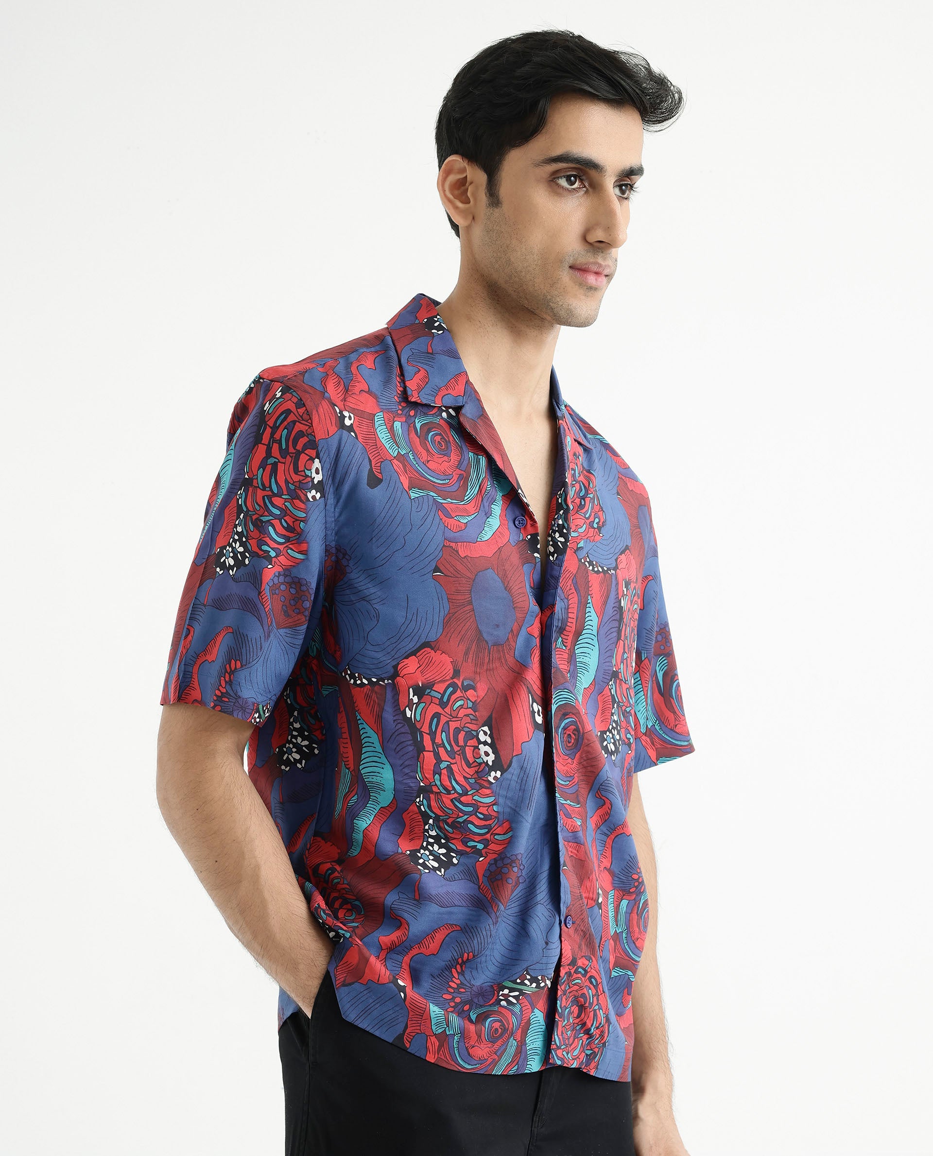 Rare Rabbit Men's Junee Blue Viscose Fabric Short Sleeve Cuban Collar Boxy Fit Floral Print Shirt