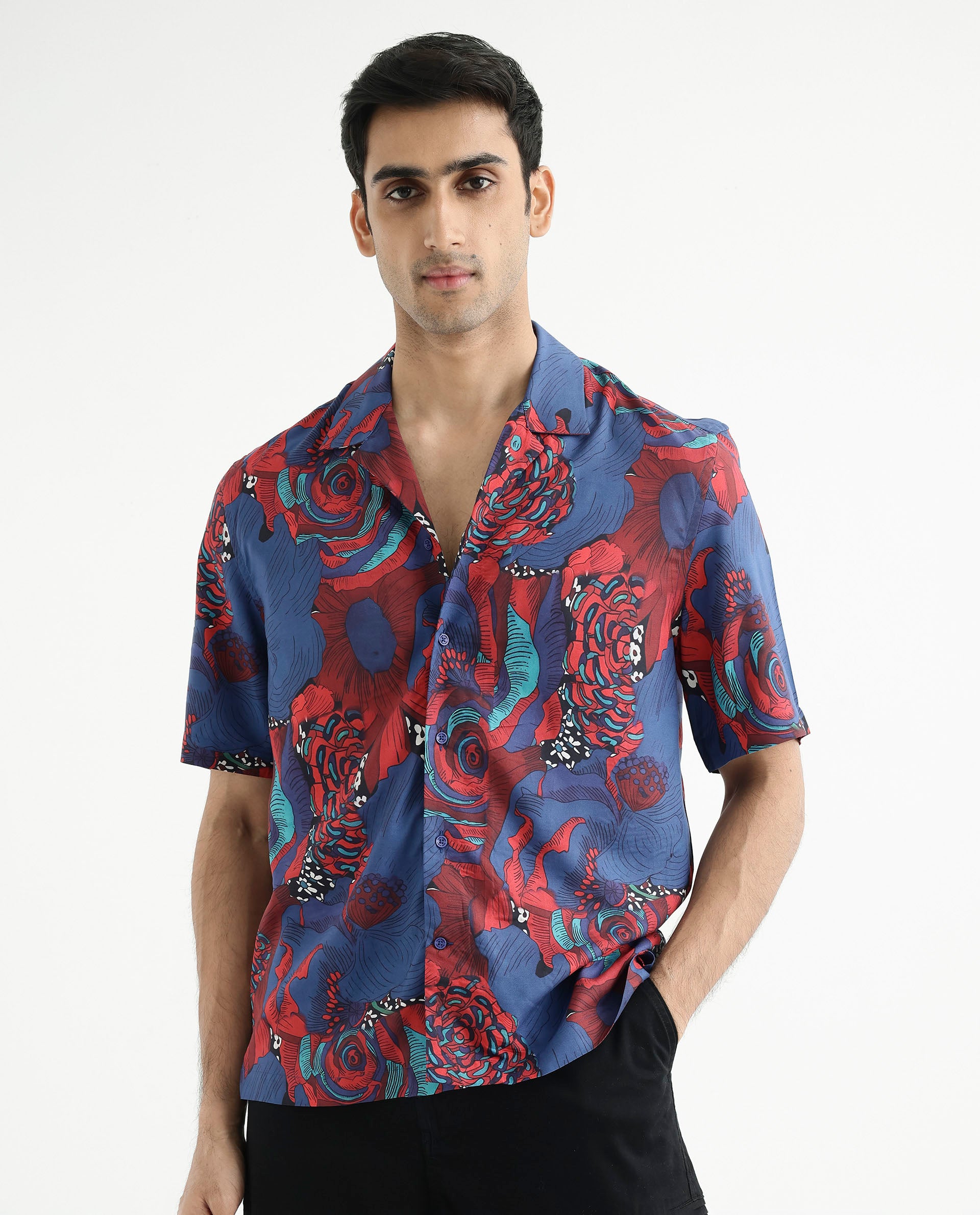 Rare Rabbit Men's Junee Blue Viscose Fabric Short Sleeve Cuban Collar Boxy Fit Floral Print Shirt