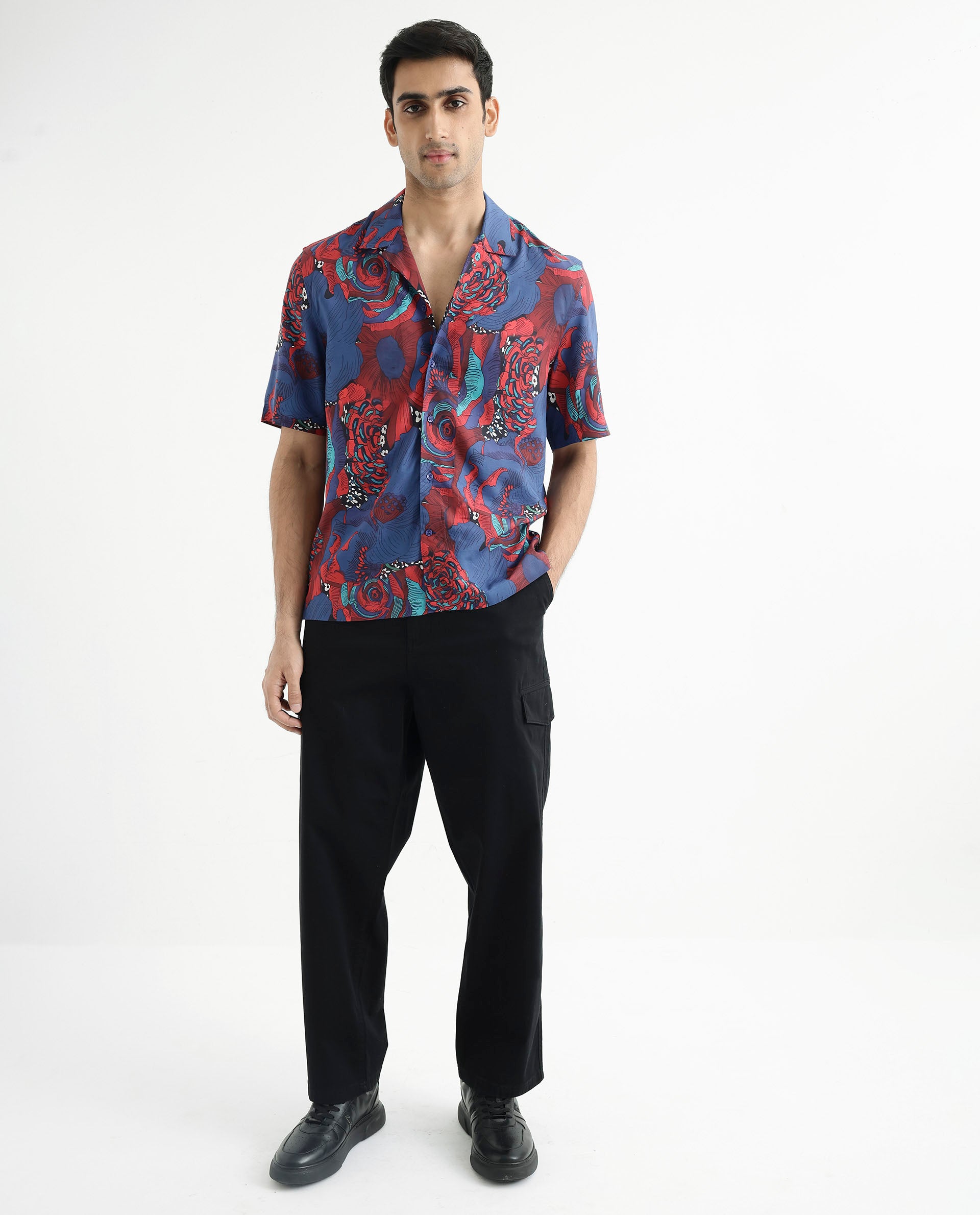 Rare Rabbit Men's Junee Blue Viscose Fabric Short Sleeve Cuban Collar Boxy Fit Floral Print Shirt