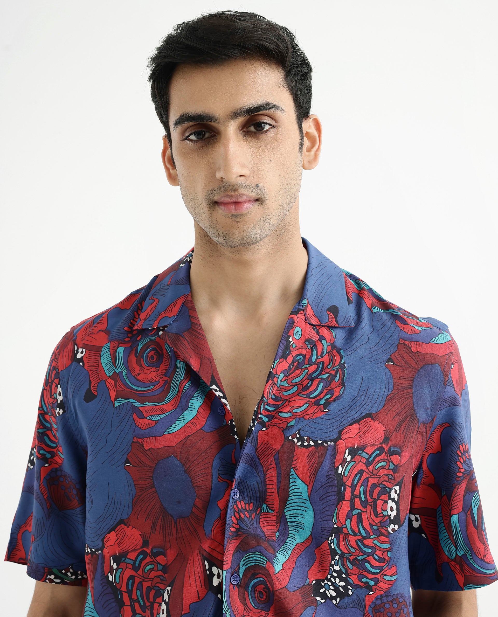 Rare Rabbit Men's Junee Blue Viscose Fabric Short Sleeve Cuban Collar Boxy Fit Floral Print Shirt