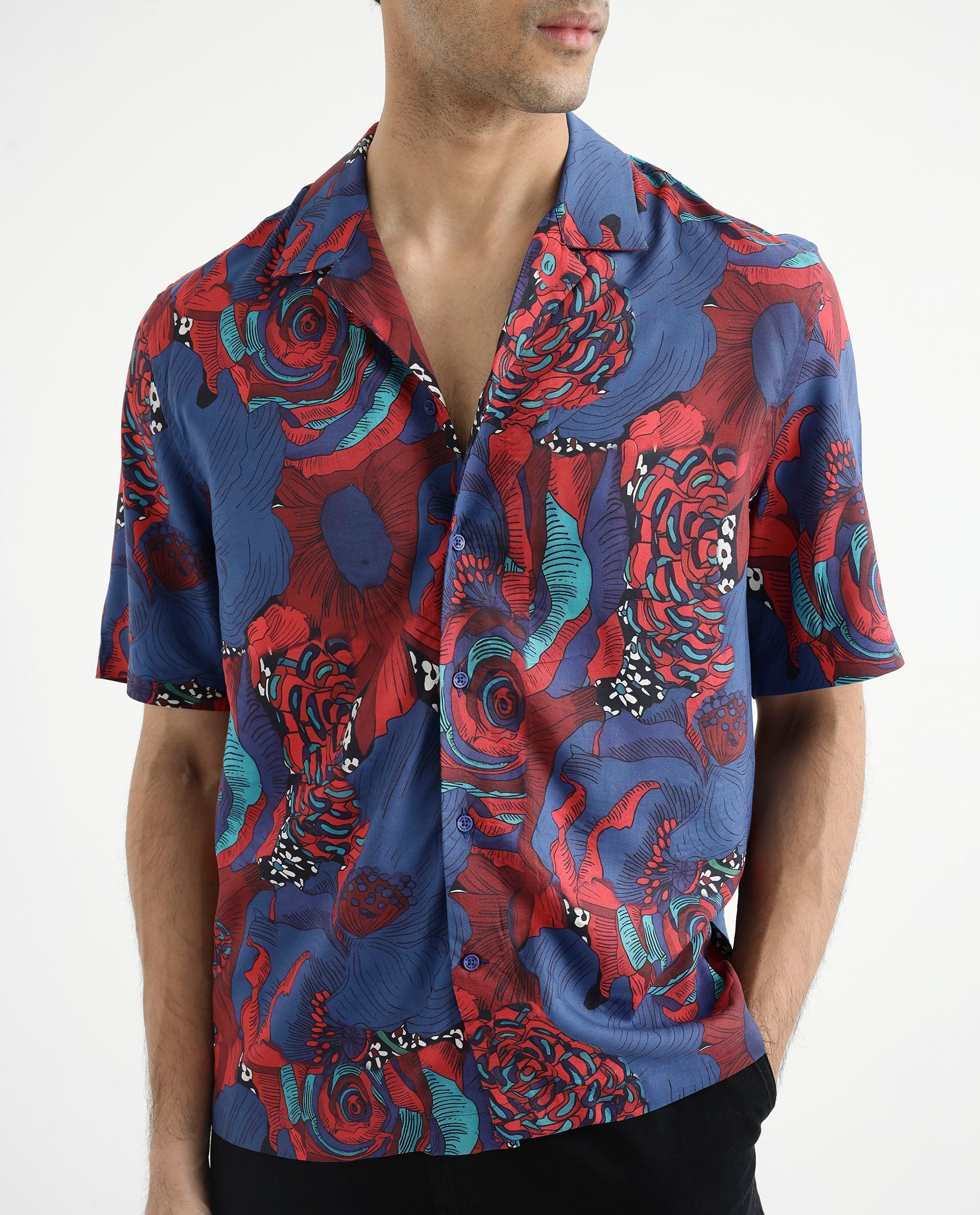 Rare Rabbit Men's Junee Blue Viscose Fabric Short Sleeve Cuban Collar Boxy Fit Floral Print Shirt