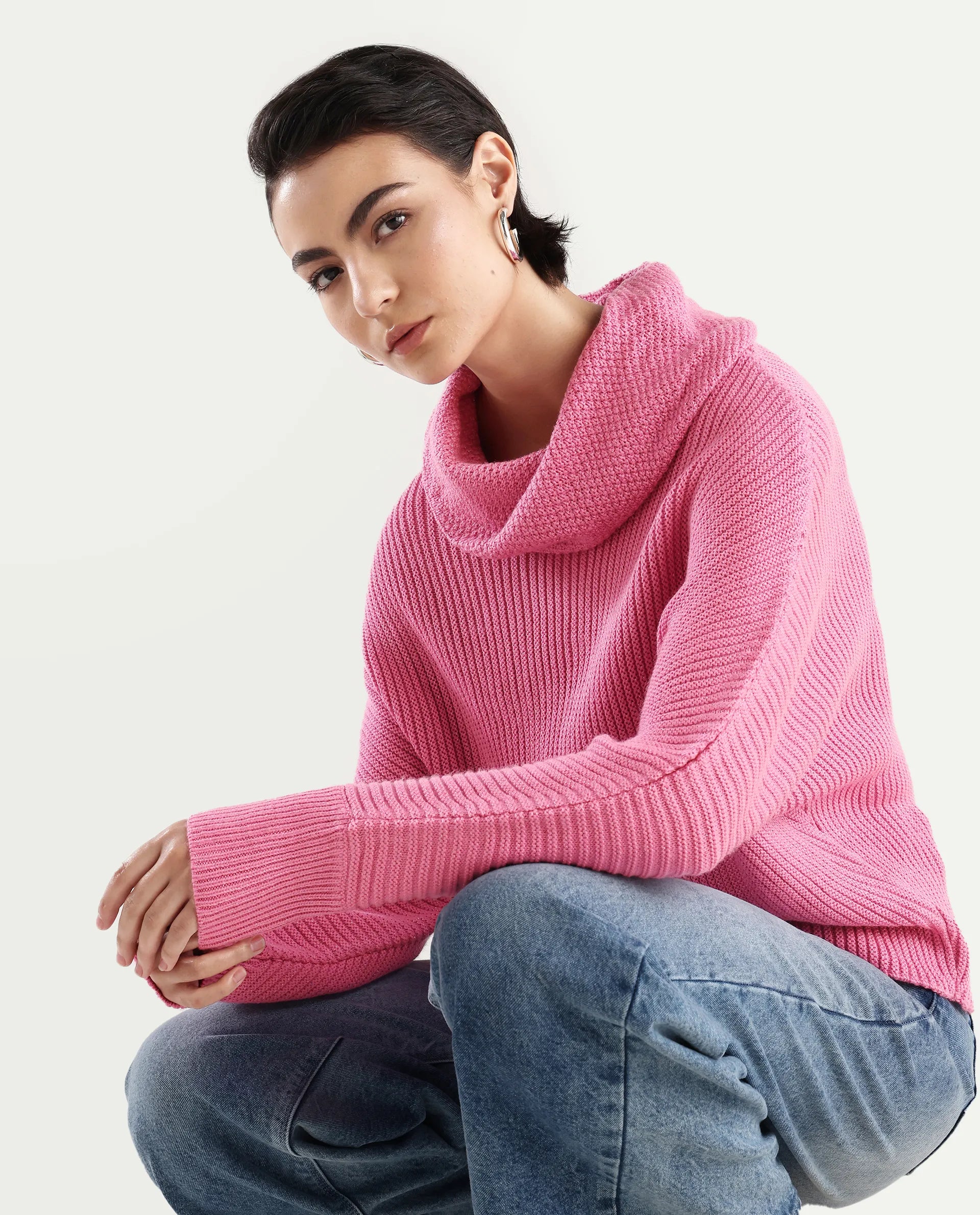 Rareism Women's June Pink Acrylic Turtle Neck Plain Kimono Sleeve Relaxed Fit Sweater