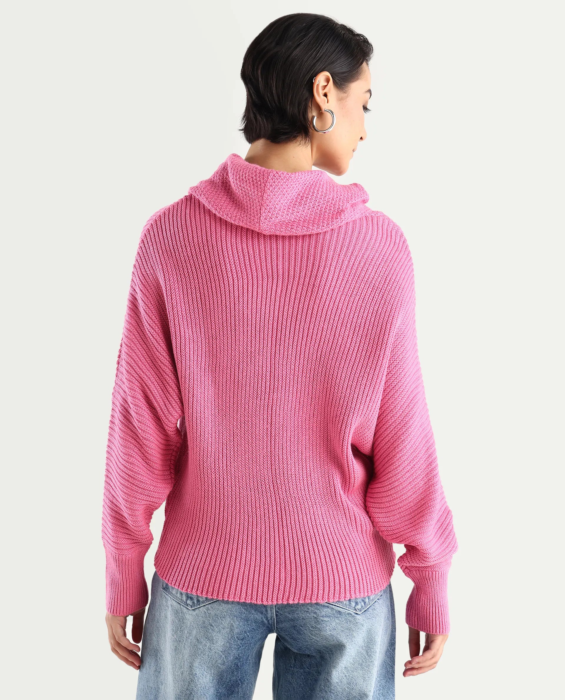 Rareism Women's June Pink Acrylic Turtle Neck Plain Kimono Sleeve Rela