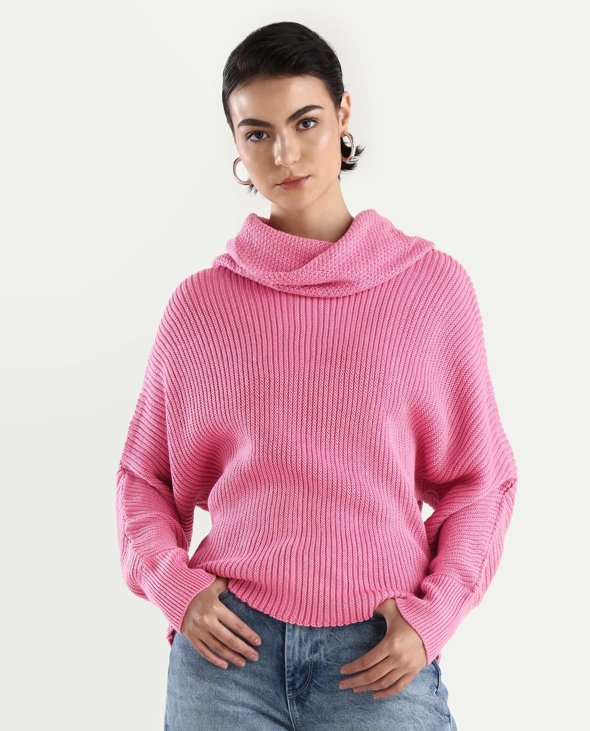 Rareism Women's June Pink Acrylic Turtle Neck Plain Kimono Sleeve Relaxed Fit Sweater