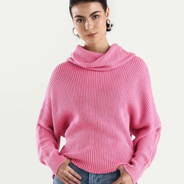 Rareism Women's June Pink Acrylic Turtle Neck Plain Kimono Sleeve Rela