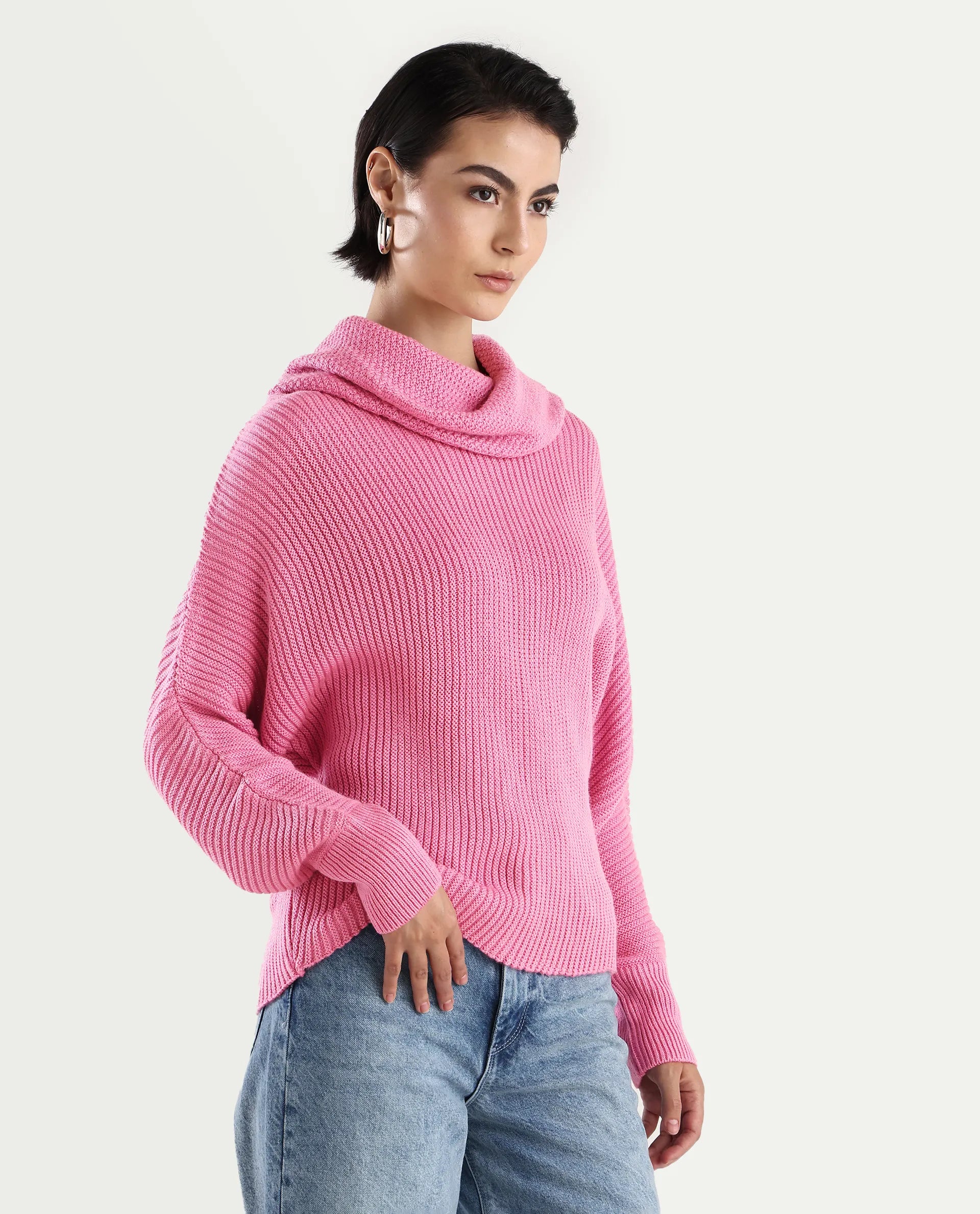 Rareism Women's June Pink Acrylic Turtle Neck Plain Kimono Sleeve Relaxed Fit Sweater