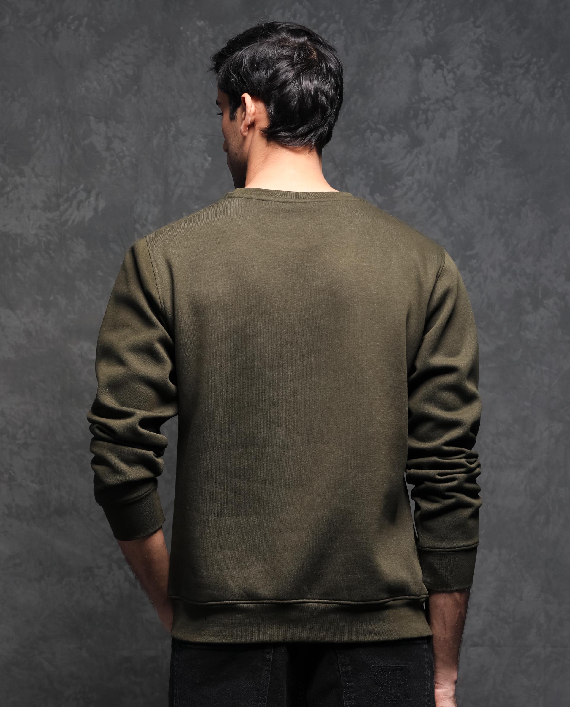 Rare Rabbit Men's Juanet Olive Cotton Polyester Fabric Full Sleeves Graphic Printed Logo Knitted Sweatshirt