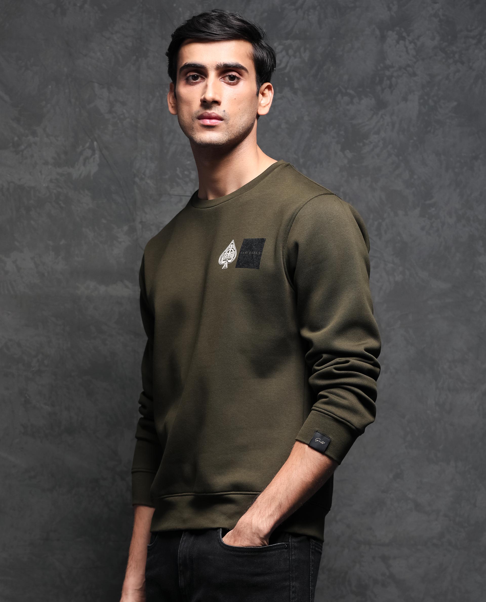 Rare Rabbit Men's Juanet Olive Cotton Polyester Fabric Full Sleeves Graphic Printed Logo Knitted Sweatshirt