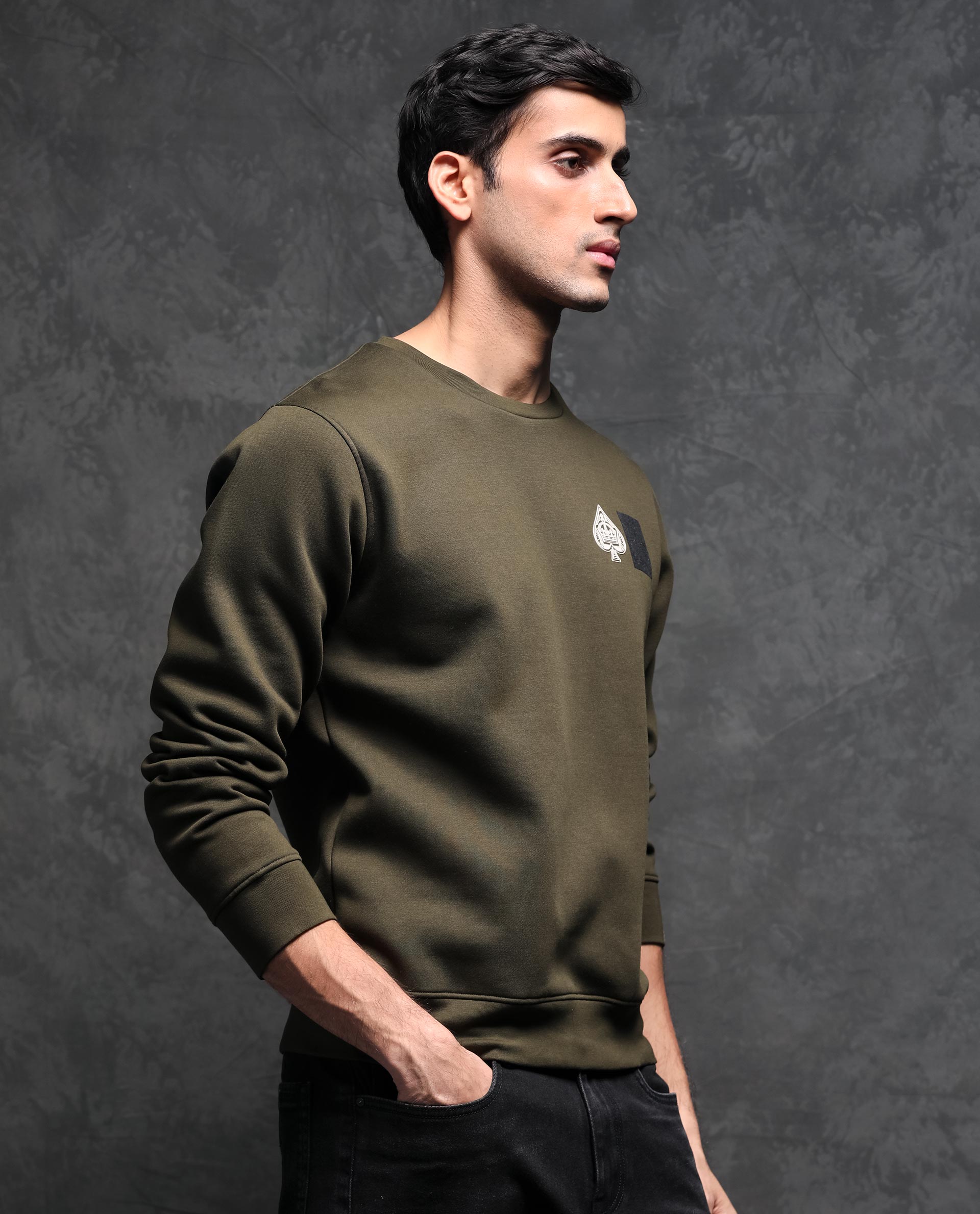 Rare Rabbit Men's Juanet Olive Cotton Polyester Fabric Full Sleeves Graphic Printed Logo Knitted Sweatshirt