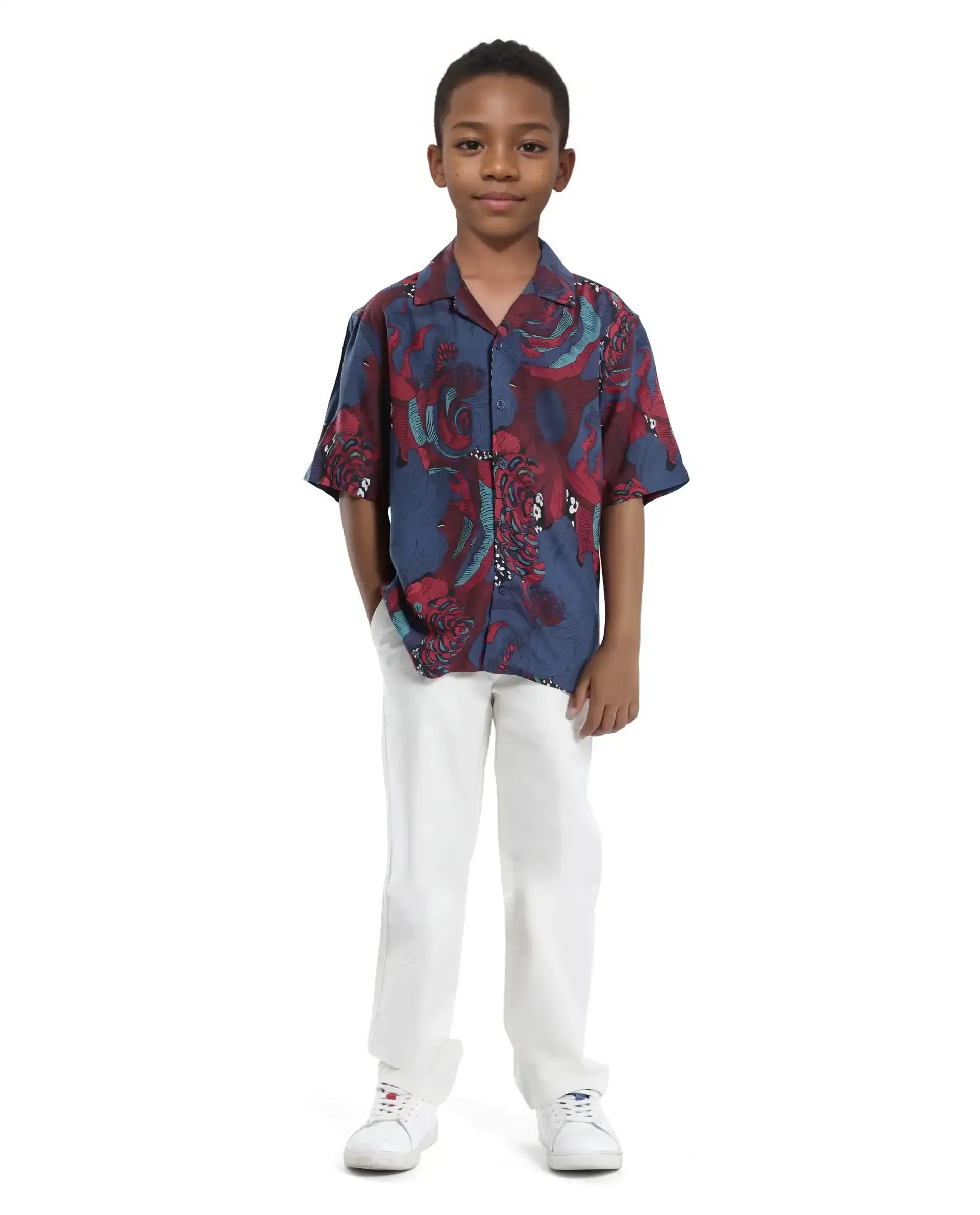 Rare Ones Kids Junf Blue Viscose Half Sleeve Button Printed Regular Fit Shirt