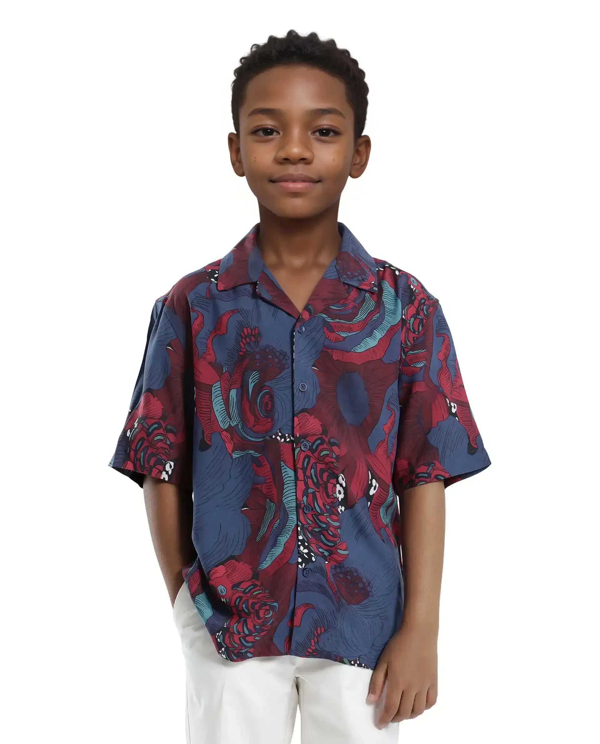 Rare Ones Kids Junf Blue Viscose Half Sleeve Button Printed Regular Fit Shirt