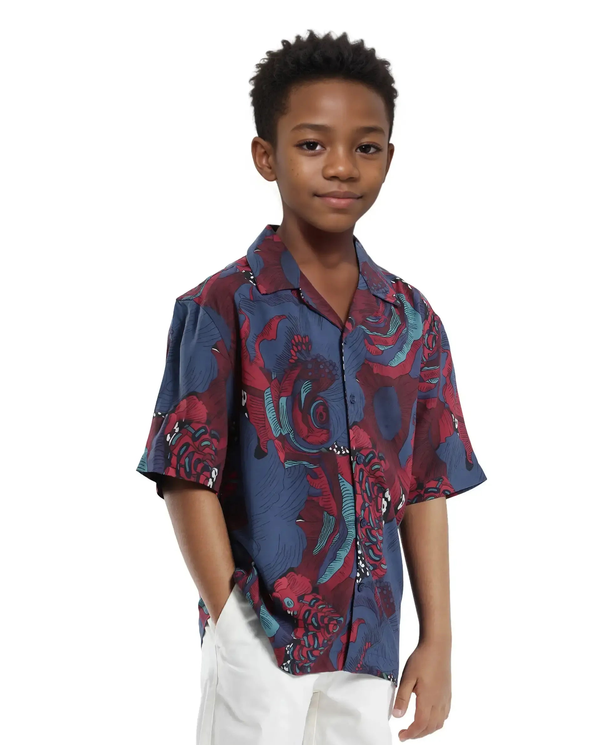 Rare Ones Kids Junf Blue Viscose Half Sleeve Button Printed Regular Fit Shirt