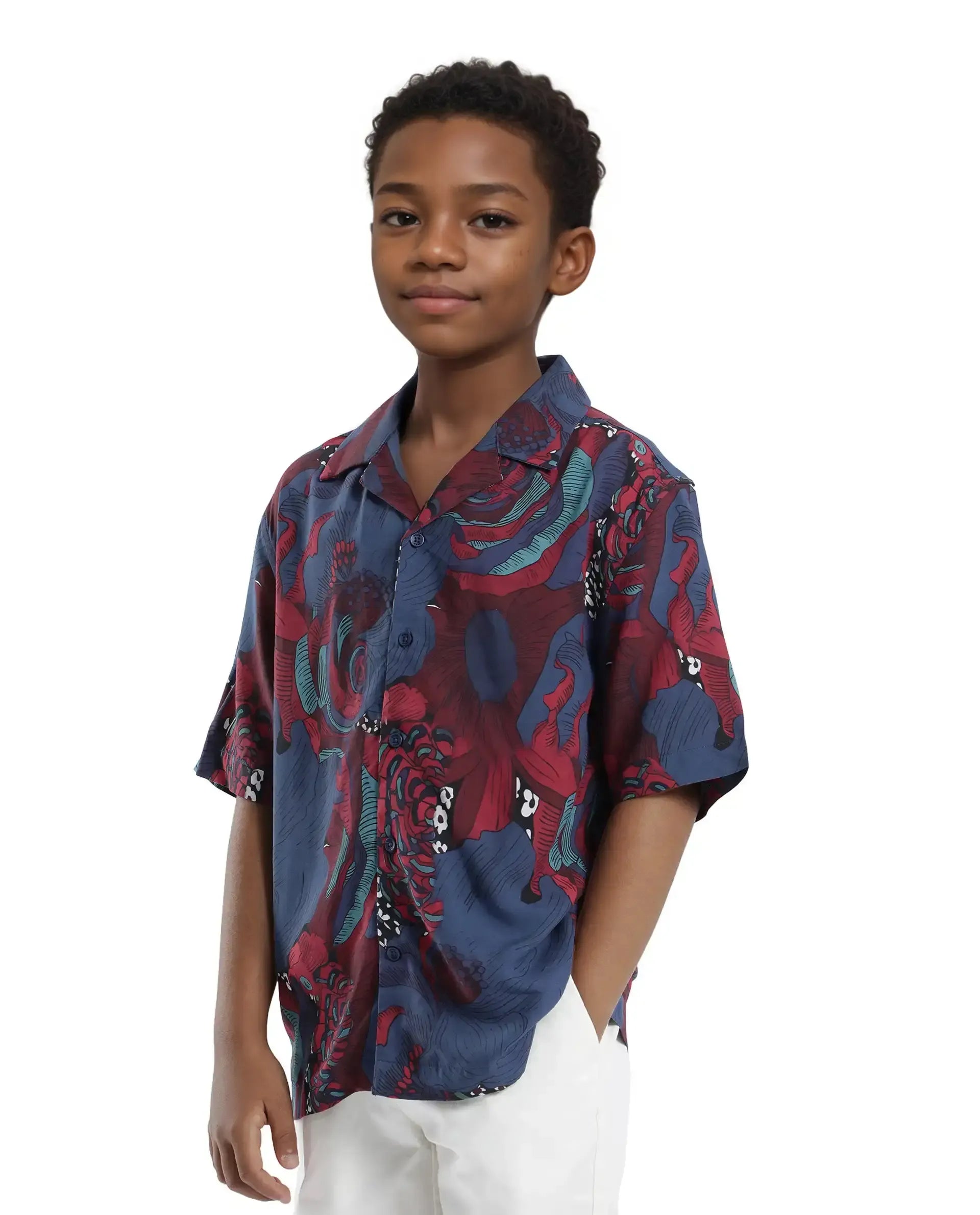 Rare Ones Kids Junf Blue Viscose Half Sleeve Button Printed Regular Fit Shirt