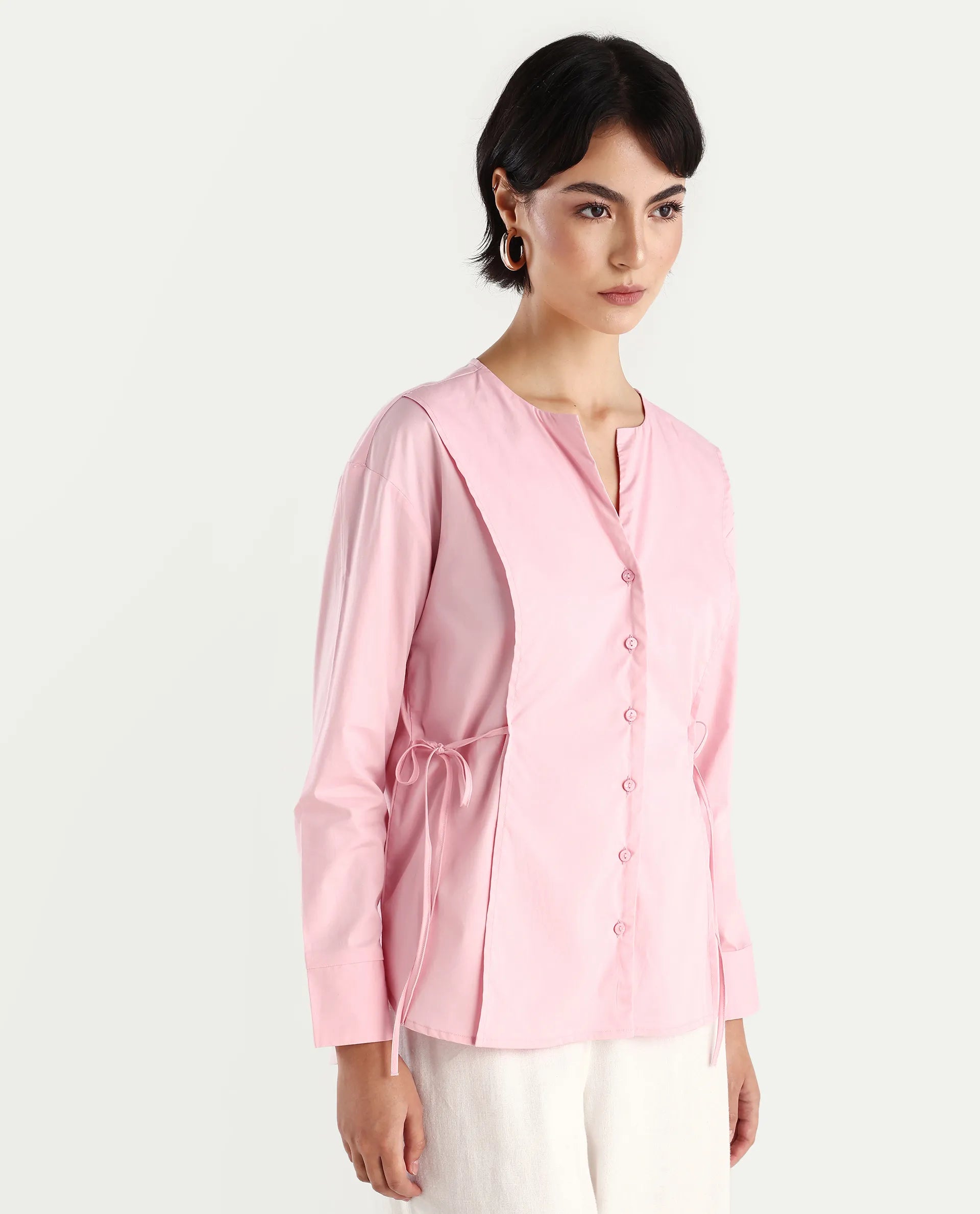 Rareism Women's Juniv Light Pink Cotton Blend Crew Neck Plain Cuffed Sleeve Regular Fit Top